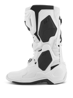 Alpinestars Tech 10 Supervented Stiefel, Motocross-Stiefel, Weiß, Seitenansicht, mit schwarzen TPU-Paneelen und perforierter Mikrofaser-Konstruktion, belüftete Schienbeinplatte für hohen Luftstrom, professionelles Schuhwerk für den Offroad-Rennsport
