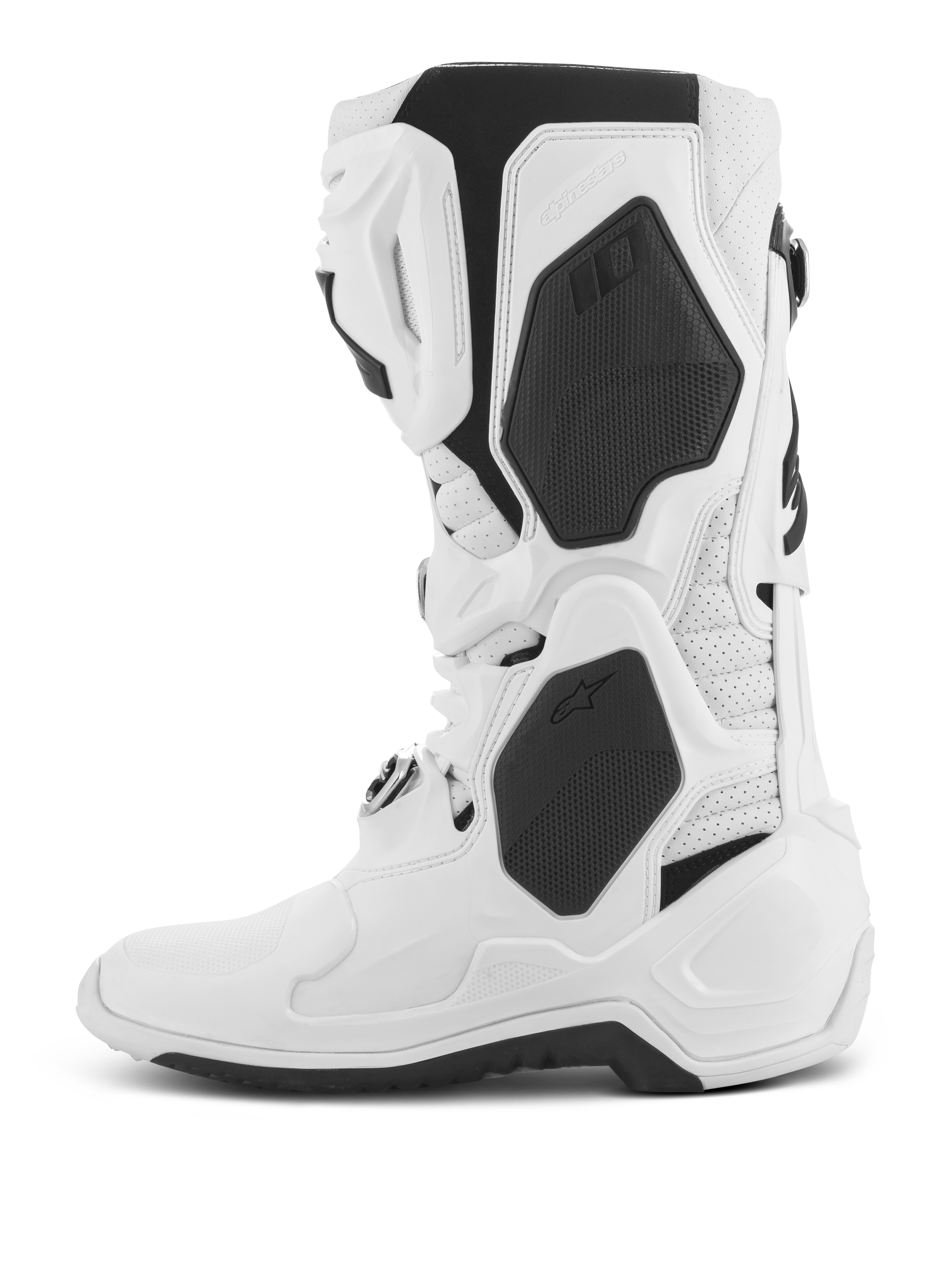 Alpinestars Tech 10 Supervented Stiefel, Motocross-Stiefel, Weiß, Seitenansicht, mit schwarzen TPU-Paneelen und perforierter Mikrofaser-Konstruktion, belüftete Schienbeinplatte für hohen Luftstrom, professionelles Schuhwerk für den Offroad-Rennsport