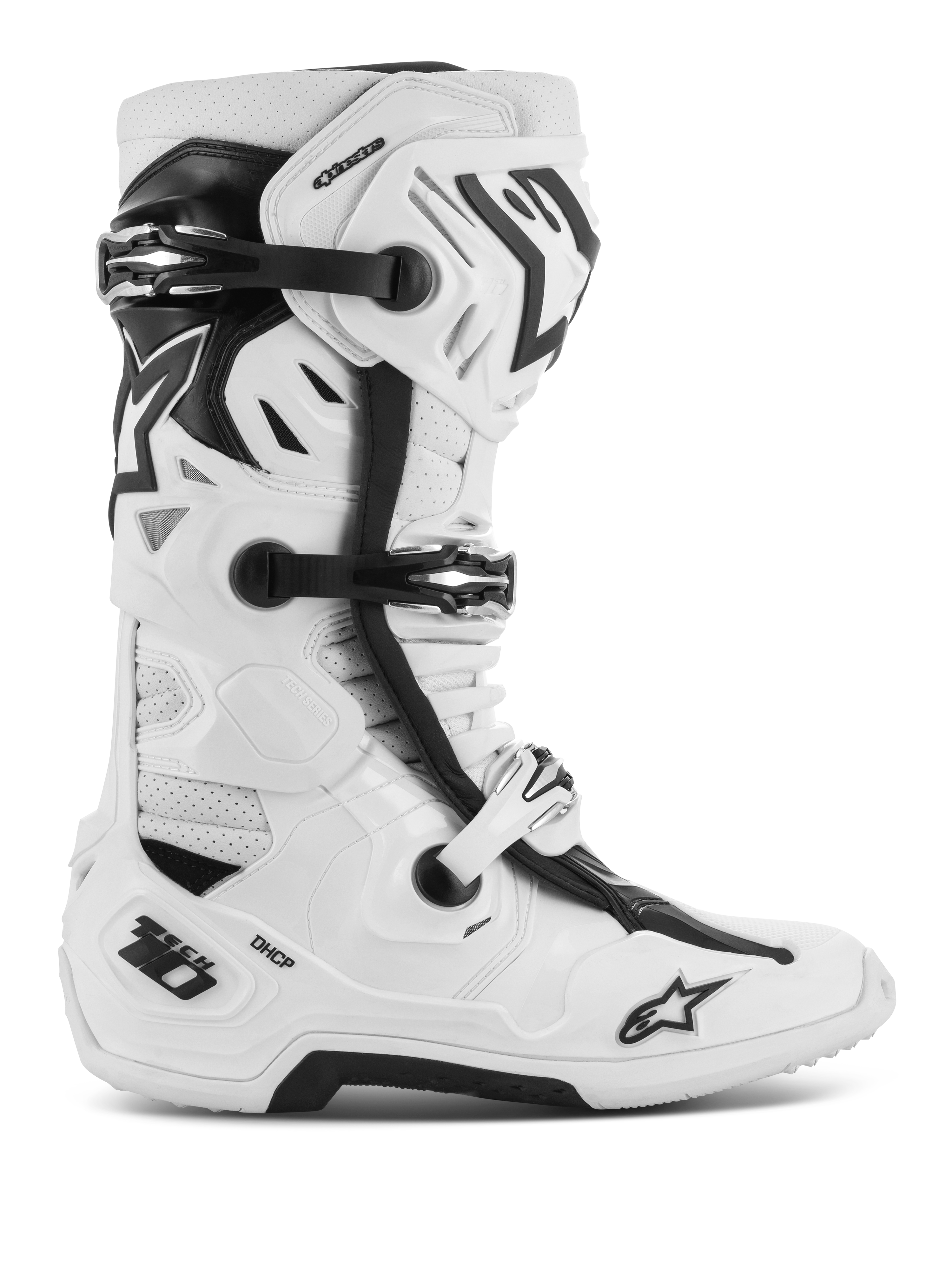 Alpinestars Tech 10 Supervented Stiefel, Motocross-Offroad-Rennstiefel, Weiß und Schwarz, mit mehreren verstellbaren Schnallen, perforierten Belüftungseinsätzen und einem robusten, schützenden High-Top-Design