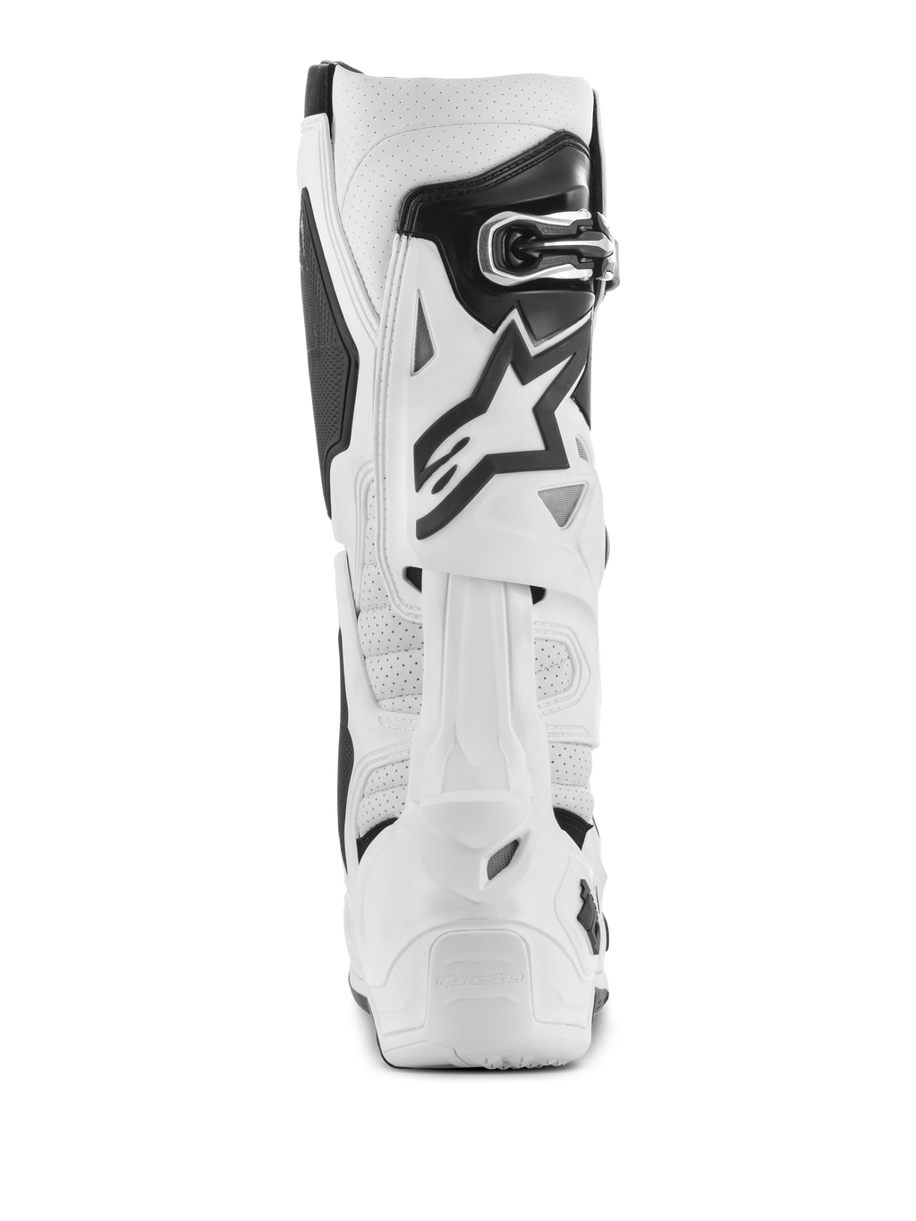 Alpinestars Tech 10 Supervented Stiefel, weiße Motocross-Stiefel, Rückansicht mit perforierter Mikrofaser für Luftzirkulation, weißem TPU-Rückblattsystem, schwarzem Stern-Logo und sicherem Schnallenverschluss, Hochleistungs-Offroad-Fußbekleidung