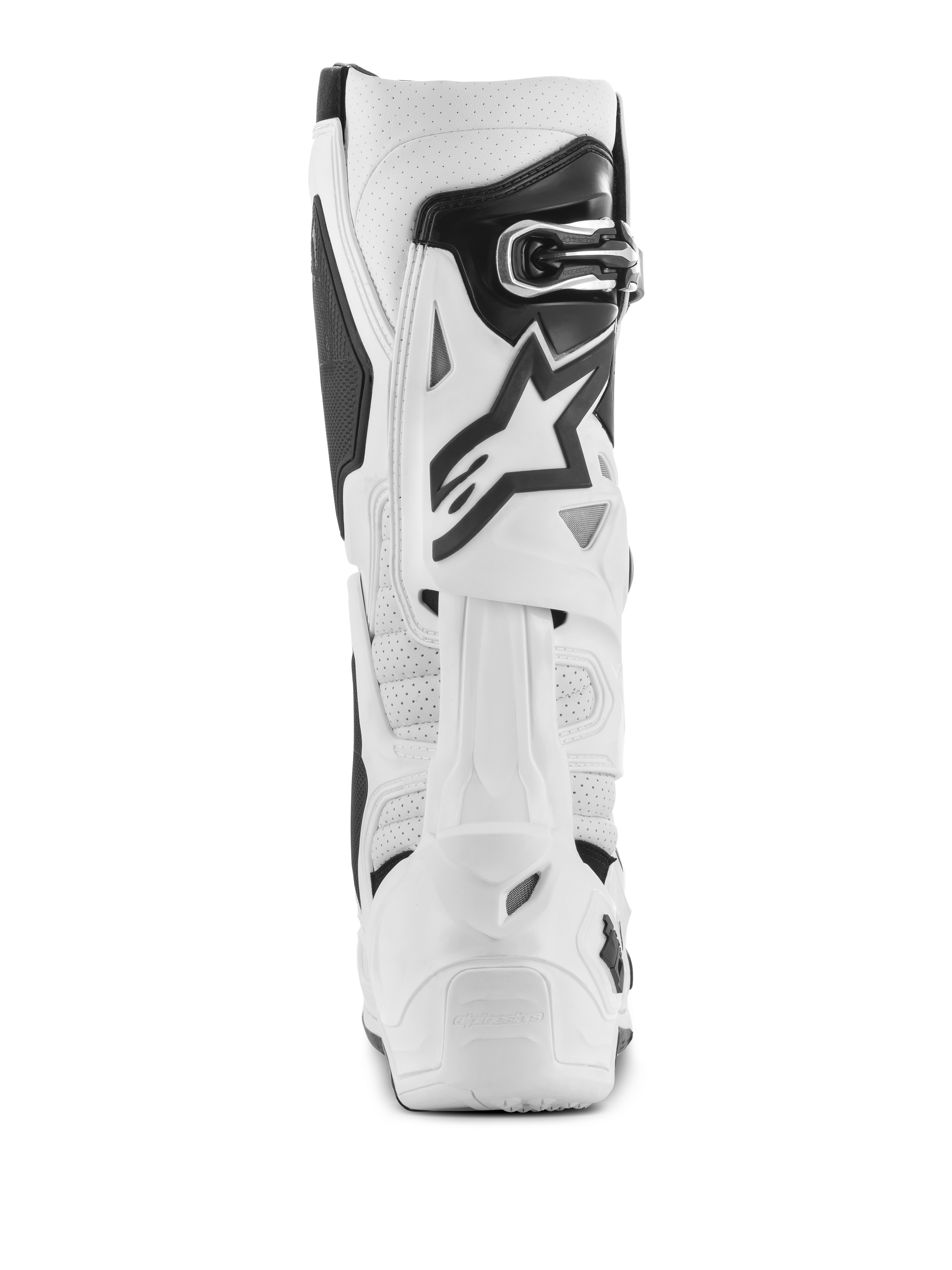 Alpinestars Tech 10 Supervented Stiefel, weiße Motocross-Stiefel, Rückansicht mit perforierter Mikrofaser für Luftzirkulation, weißem TPU-Rückblattsystem, schwarzem Stern-Logo und sicherem Schnallenverschluss, Hochleistungs-Offroad-Fußbekleidung