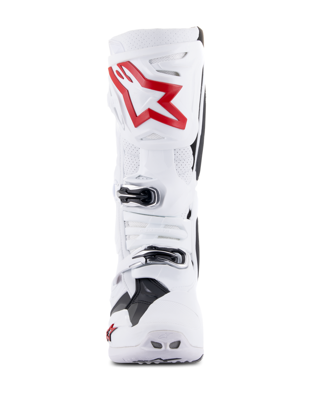 Alpinestars Tech 10 Supervented Stiefel, Weiß und Hellrot, Vorderansicht mit belüfteten perforierten Panels, großem rotem Sternlogo auf der Schienbeinplatte, verstellbaren silbernen Schnallen und Hochleistungs-Motocross-Design.
