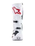Alpinestars Tech 10 Supervented Stiefel, Weiß und Hellrot, Vorderansicht mit belüfteten perforierten Panels, großem rotem Sternlogo auf der Schienbeinplatte, verstellbaren silbernen Schnallen und Hochleistungs-Motocross-Design.