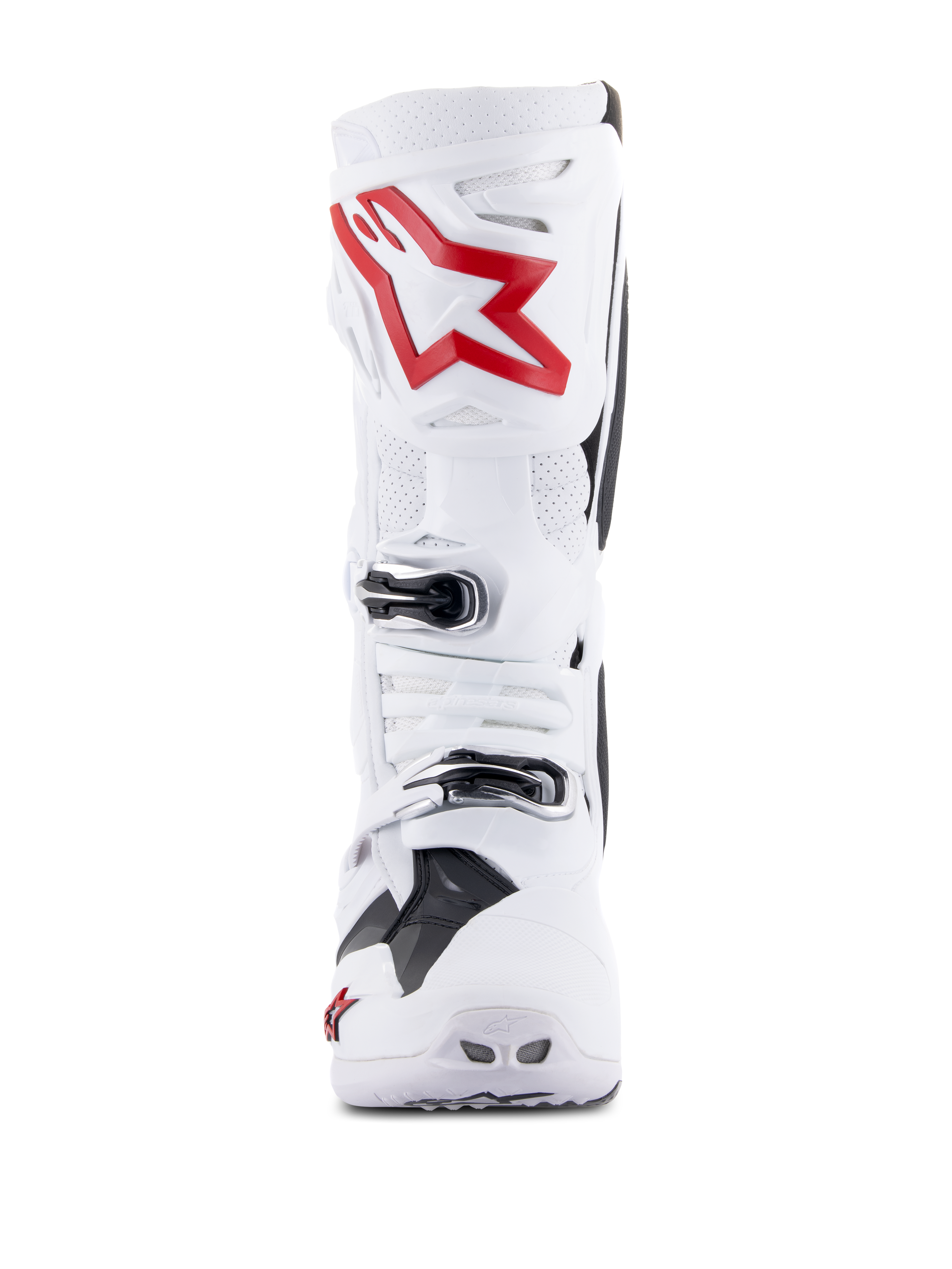 Alpinestars Tech 10 Supervented Stiefel, Weiß und Hellrot, Vorderansicht mit belüfteten perforierten Panels, großem rotem Sternlogo auf der Schienbeinplatte, verstellbaren silbernen Schnallen und Hochleistungs-Motocross-Design.