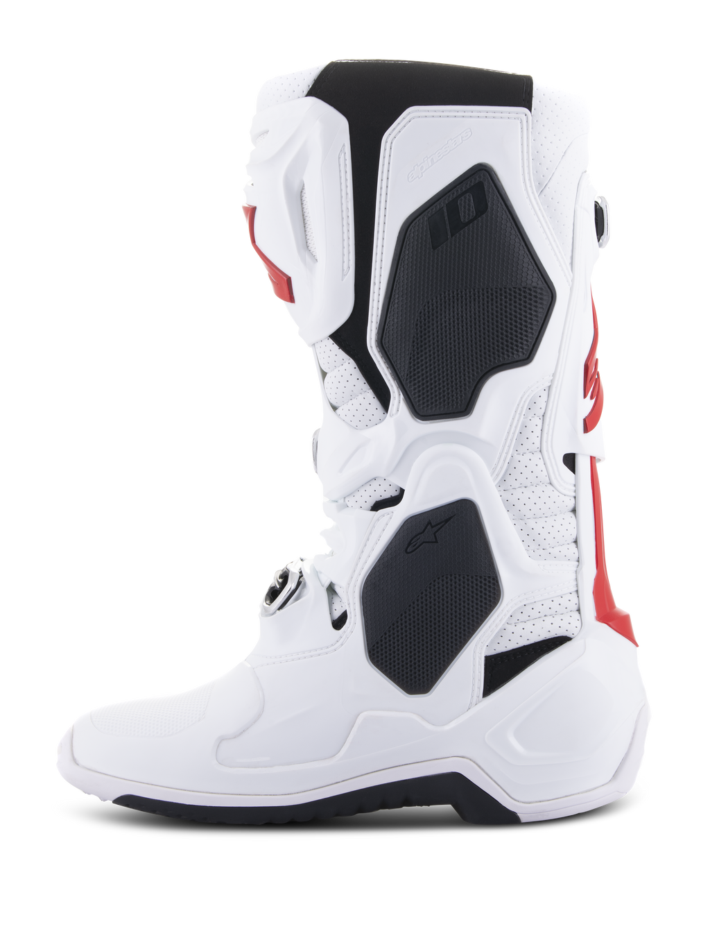 Alpinestars Tech 10 Supervented Stiefel, Motocross-Stiefel, Weiß und Leuchtend Rot mit schwarzen Akzenten, Seitenprofilansicht zur Hervorhebung der belüfteten Konstruktion und der schützenden TPU-Schale