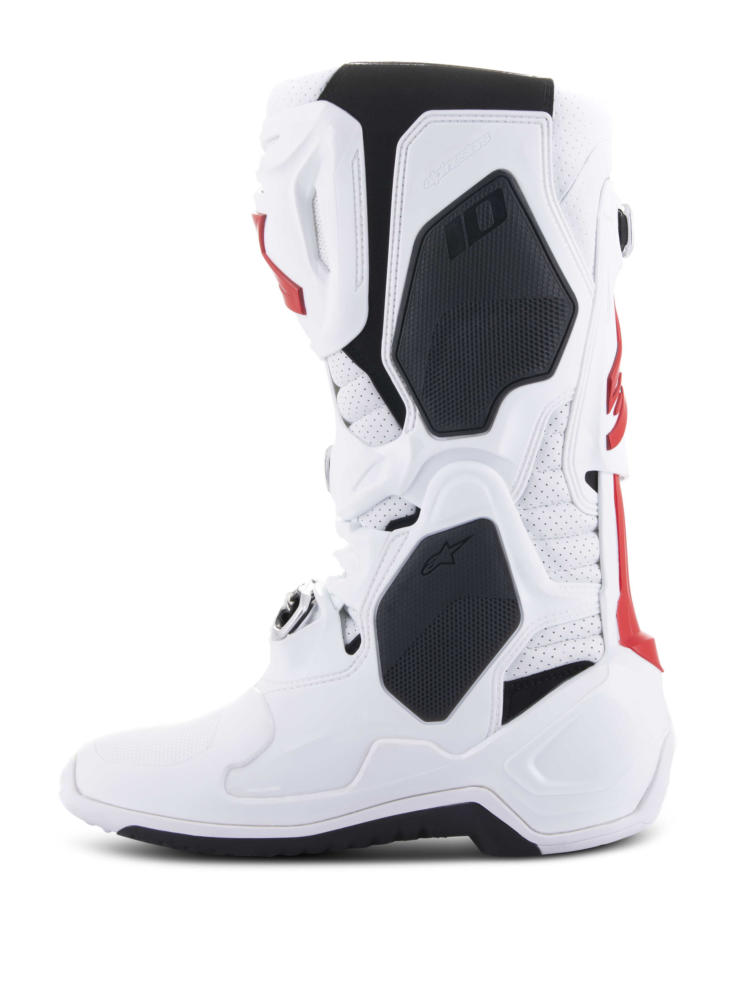 Alpinestars Tech 10 Supervented Stiefel, Motocross-Stiefel, Weiß und Leuchtend Rot mit schwarzen Akzenten, Seitenprofilansicht zur Hervorhebung der belüfteten Konstruktion und der schützenden TPU-Schale