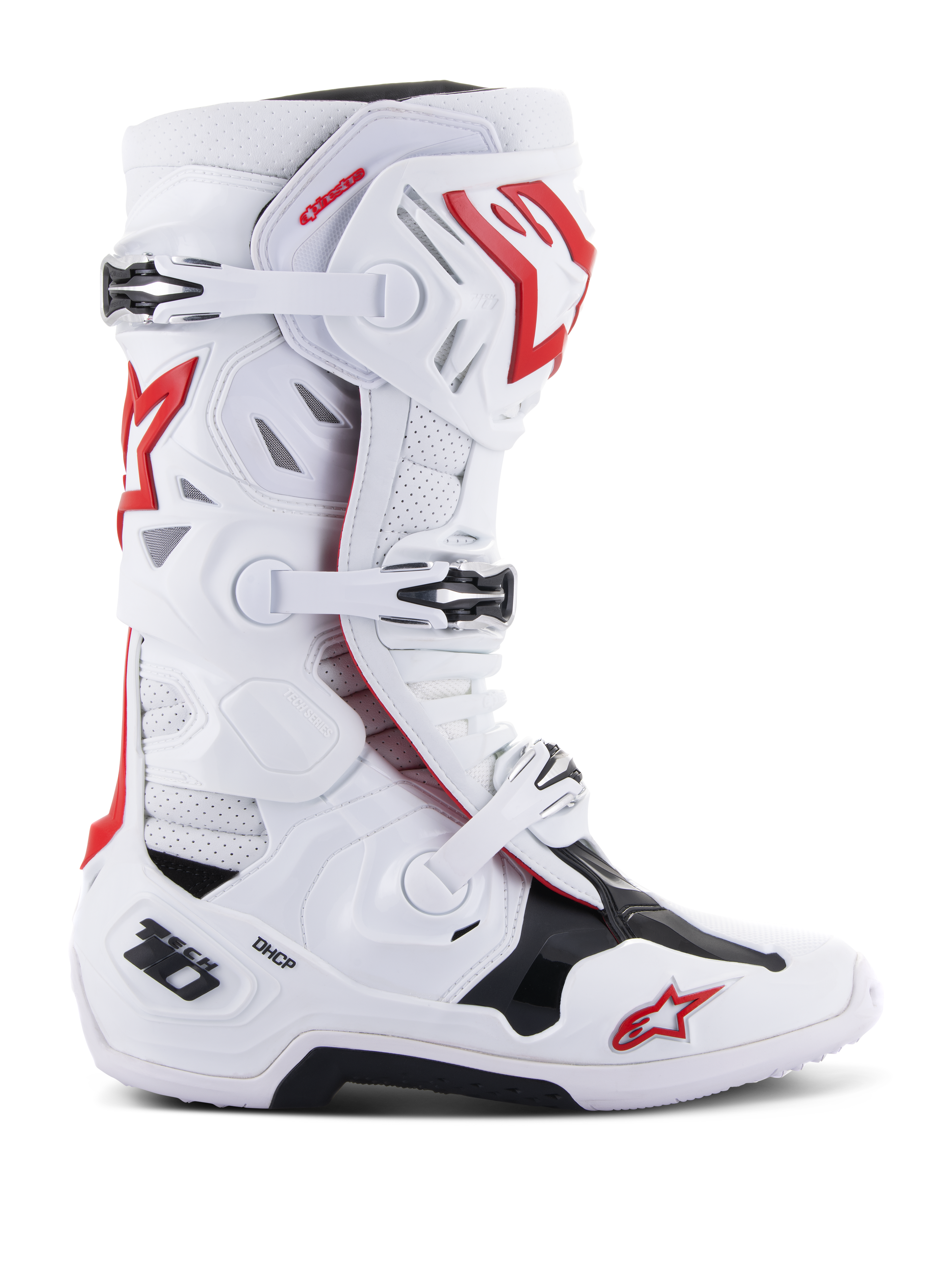 Alpinestars Tech 10 Supervented Stiefel, Motocross-Offroad-Rennstiefel, Weiß, Rot und Schwarz, Mehrfaches Schnallenverschluss-System, Perforierte Belüftungspaneele, Rotes Stern-Logo, DHCP-Technologie, Verstärkte Schutzpaneele, Robuste Offroad-Sohle