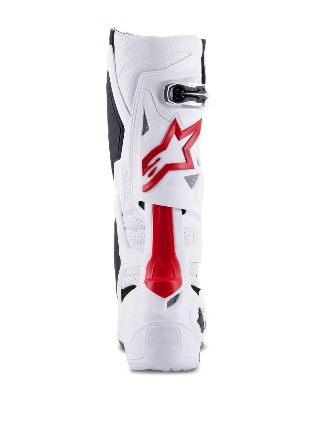 Alpinestars Tech 10 Supervented Stiefel, Motocross-Stiefel, Weiß und Hellrot, Rückansicht mit belüfteter Mikrofaser, rotem Stern-Logo und verstärkter TPU-Schale für Offroad-Performance