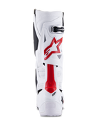 Alpinestars Tech 10 Supervented Stiefel, Motocross-Stiefel, Weiß und Hellrot, Rückansicht mit belüfteter Mikrofaser, rotem Stern-Logo und verstärkter TPU-Schale für Offroad-Performance