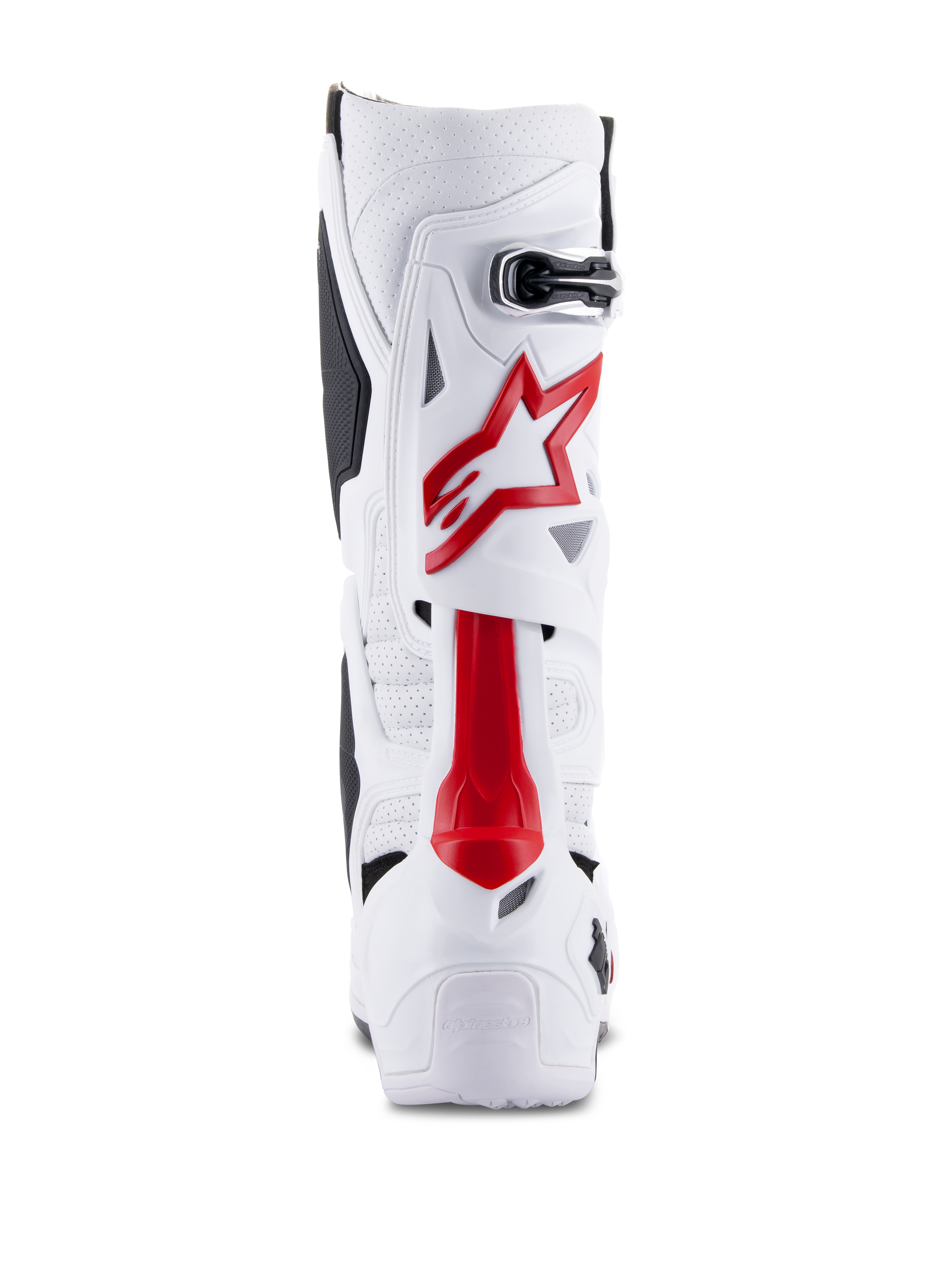 Alpinestars Tech 10 Supervented Stiefel, Motocross-Stiefel, Weiß und Hellrot, Rückansicht mit belüfteter Mikrofaser, rotem Stern-Logo und verstärkter TPU-Schale für Offroad-Performance