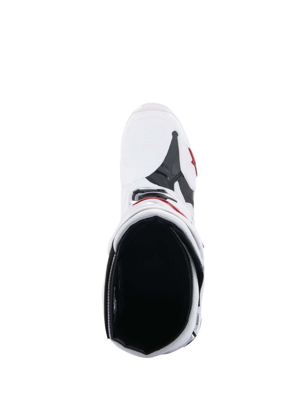 Alpinestars Tech 10 Supervented Stiefel, Motocross-Stiefel, Weiß und leuchtendes Rot, Draufsicht zeigt das Mesh-Innenfutter und die belüftete Oberkonstruktion, Hochleistungs-Offroad-Rennausrüstung
