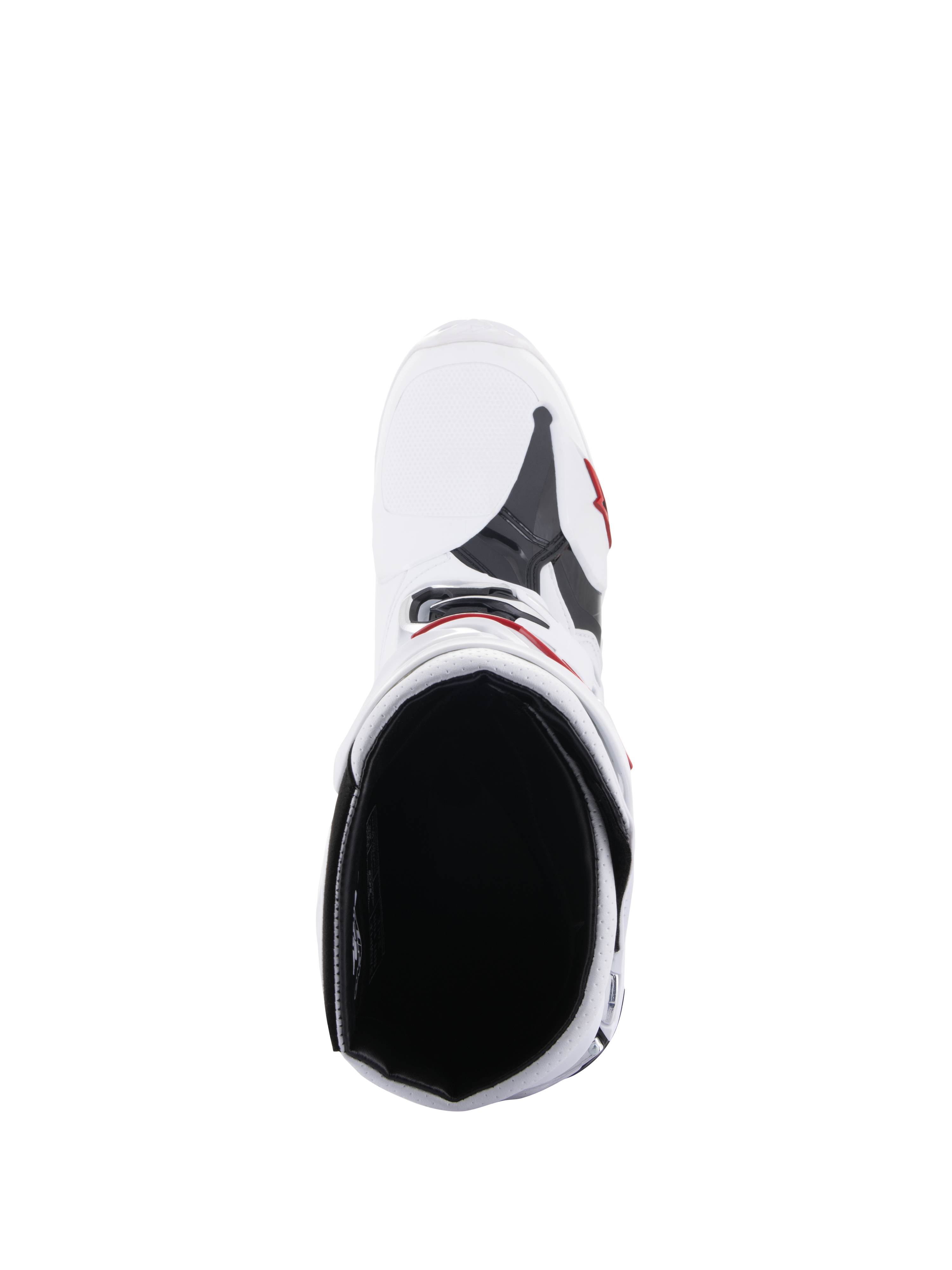 Alpinestars Tech 10 Supervented Stiefel, Motocross-Stiefel, Weiß und leuchtendes Rot, Draufsicht zeigt das Mesh-Innenfutter und die belüftete Oberkonstruktion, Hochleistungs-Offroad-Rennausrüstung