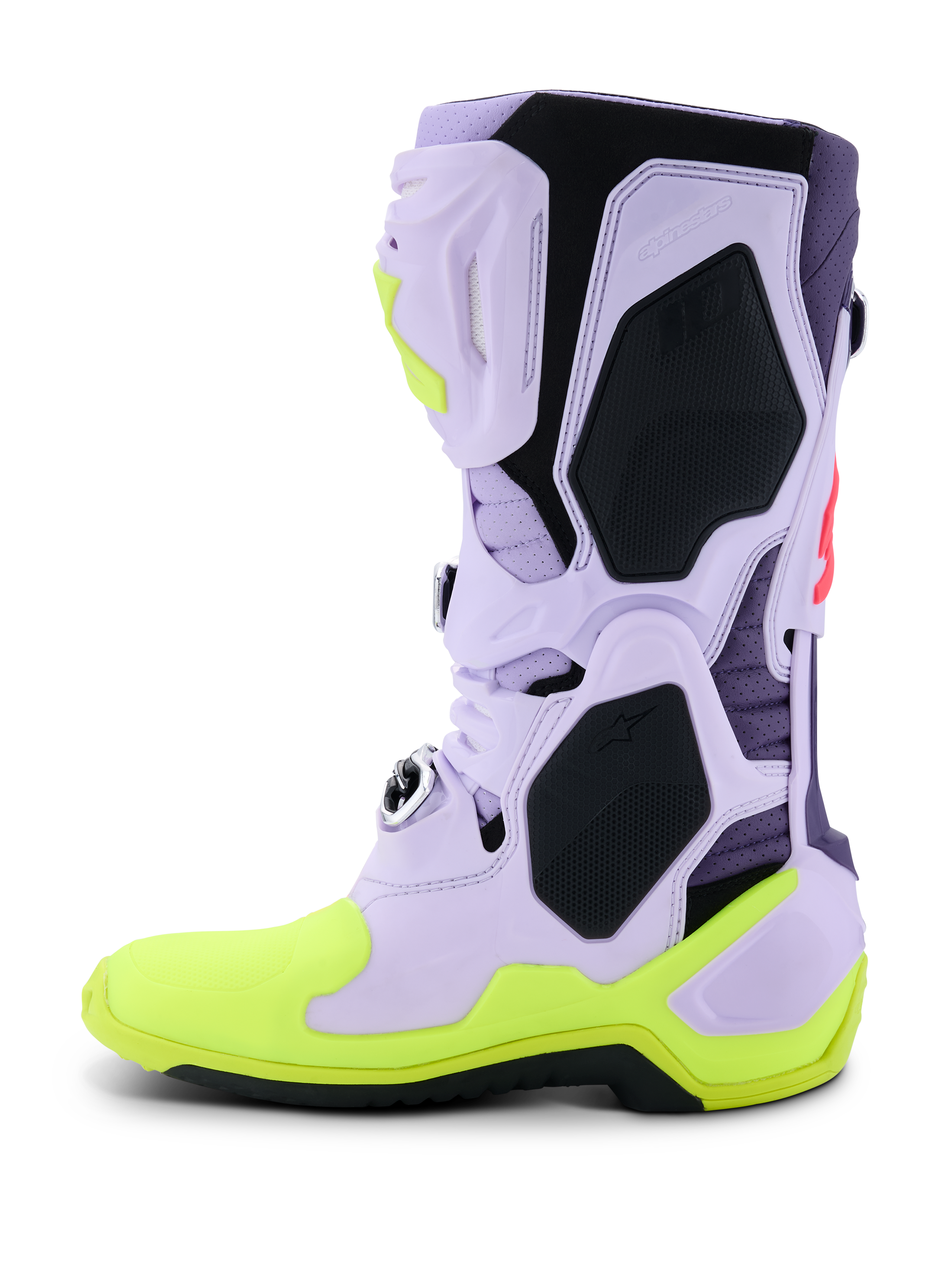 Alpinestars Tech 10 Supervented Boots, Motocross Boots, Purple Yellow Fluo and Diva Pink, side profile featuring perforated lavender microfiber upper, black TPU protective panels, and neon yellow sole, high-performance ventilated footwear for off-road racing