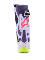 Alpinestars Tech 10 Supervented Boots, Rear View, Purple Yellow Fluo and Diva Pink colorway, featuring ventilated TPU structure, pink star logo, and bright yellow heel detail, professional-grade motocross footwear