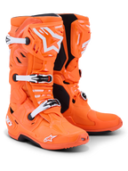Alpinestars Tech 10 Supervented Boots, Motocross Boots, Orange Fluo with White and Black accents, featuring white adjustable buckles, ventilated TPU shin plate, and bold Alpinestars logo, high-performance footwear for off-road racing