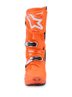 Alpinestars Tech 10 Supervented Boots, Orange Fluo Black White, front view of a single bright neon orange motocross boot, white Alpinestars star logo on the shin plate, mechanical buckles and perforated ventilation ports for off-road performance.