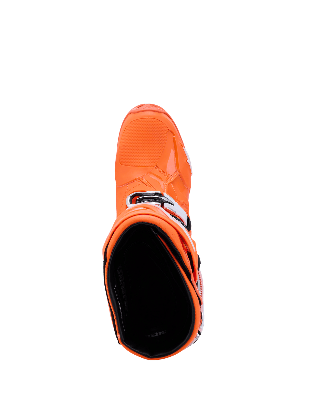 Alpinestars Tech 10 Supervented Boots, Orange Fluo Black White, top-down view looking into the boot interior, showing the textured toe box and side buckles, advanced motocross racing footwear