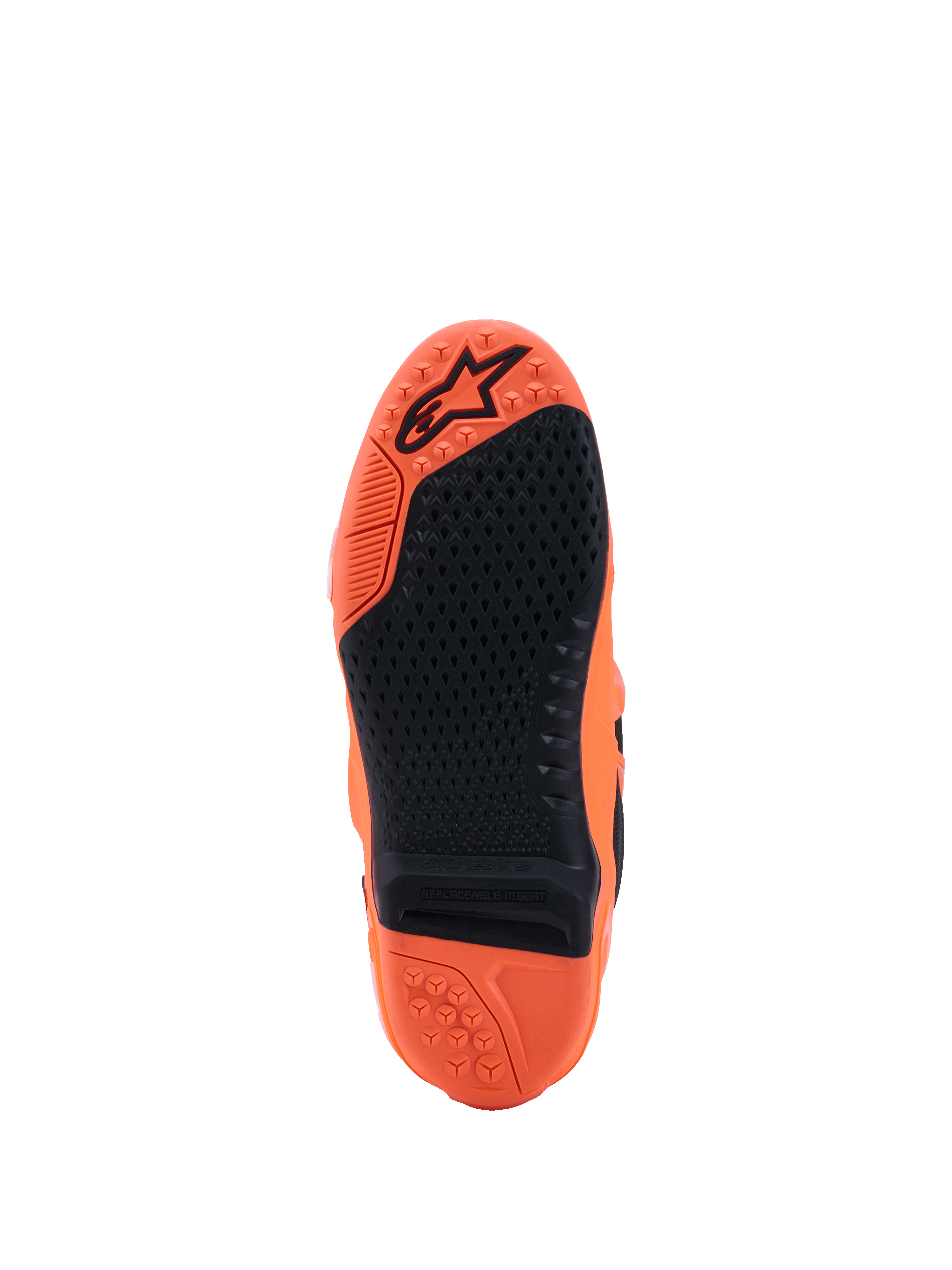 Alpinestars Tech 10 Supervented Boots, Orange Fluo and Black, sole view featuring a textured black rubber grip, replaceable center insert, and embossed logo on the orange tread, designed for motocross performance.