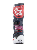 Alpinestars Tech 10 Supervented Stiefel, Motocross-Stiefel, Night Navy White Rainbow, Vorderansicht mit roter Schienbeinplatte und weißem Logo, weißer belüfteter Zehenbox und navyblauer perforierter Mikrofaser-Konstruktion für maximale Belüftung.