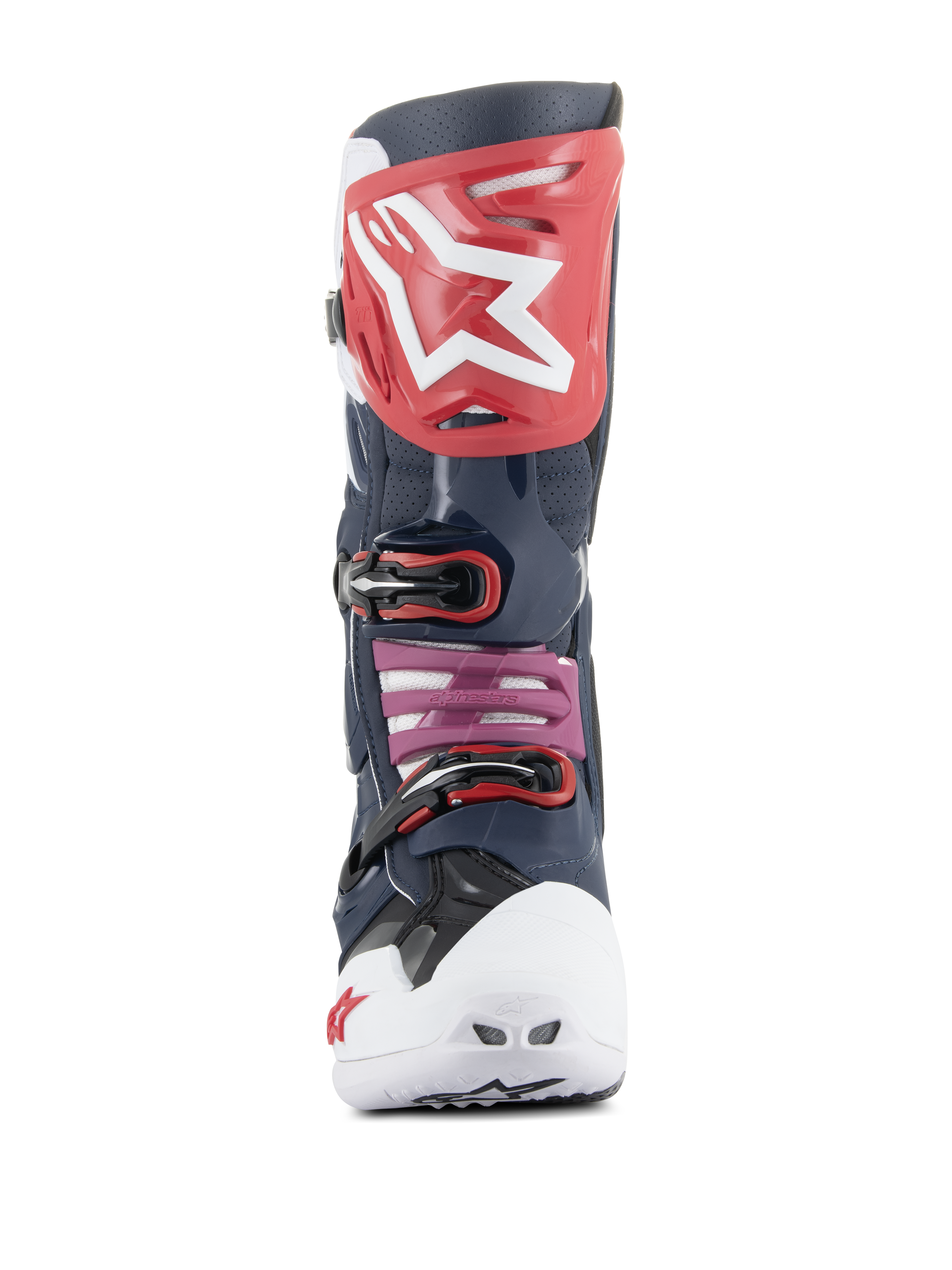 Alpinestars Tech 10 Supervented Stiefel, Motocross-Stiefel, Night Navy White Rainbow, Vorderansicht mit roter Schienbeinplatte und weißem Logo, weißer belüfteter Zehenbox und navyblauer perforierter Mikrofaser-Konstruktion für maximale Belüftung.