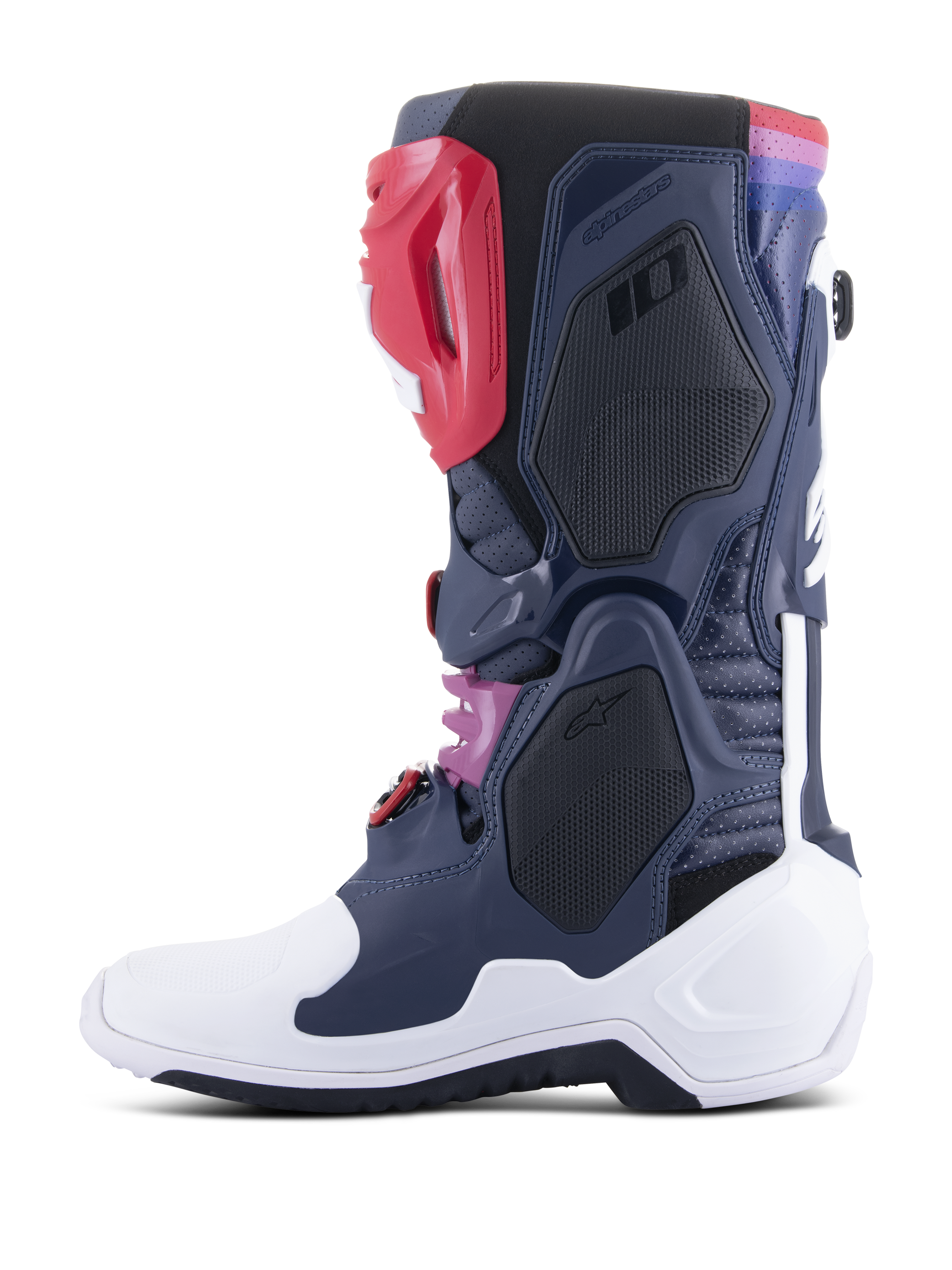 Alpinestars Tech 10 Supervented Stiefel, Motocross-Stiefel, Night Navy White Rainbow, Seitenprofil-Ansicht mit belüfteten Mesh-Einsätzen, weißer Schutzschale und farbenfrohen Akzenten, Hochleistungs-Offroad-Fußbekleidung