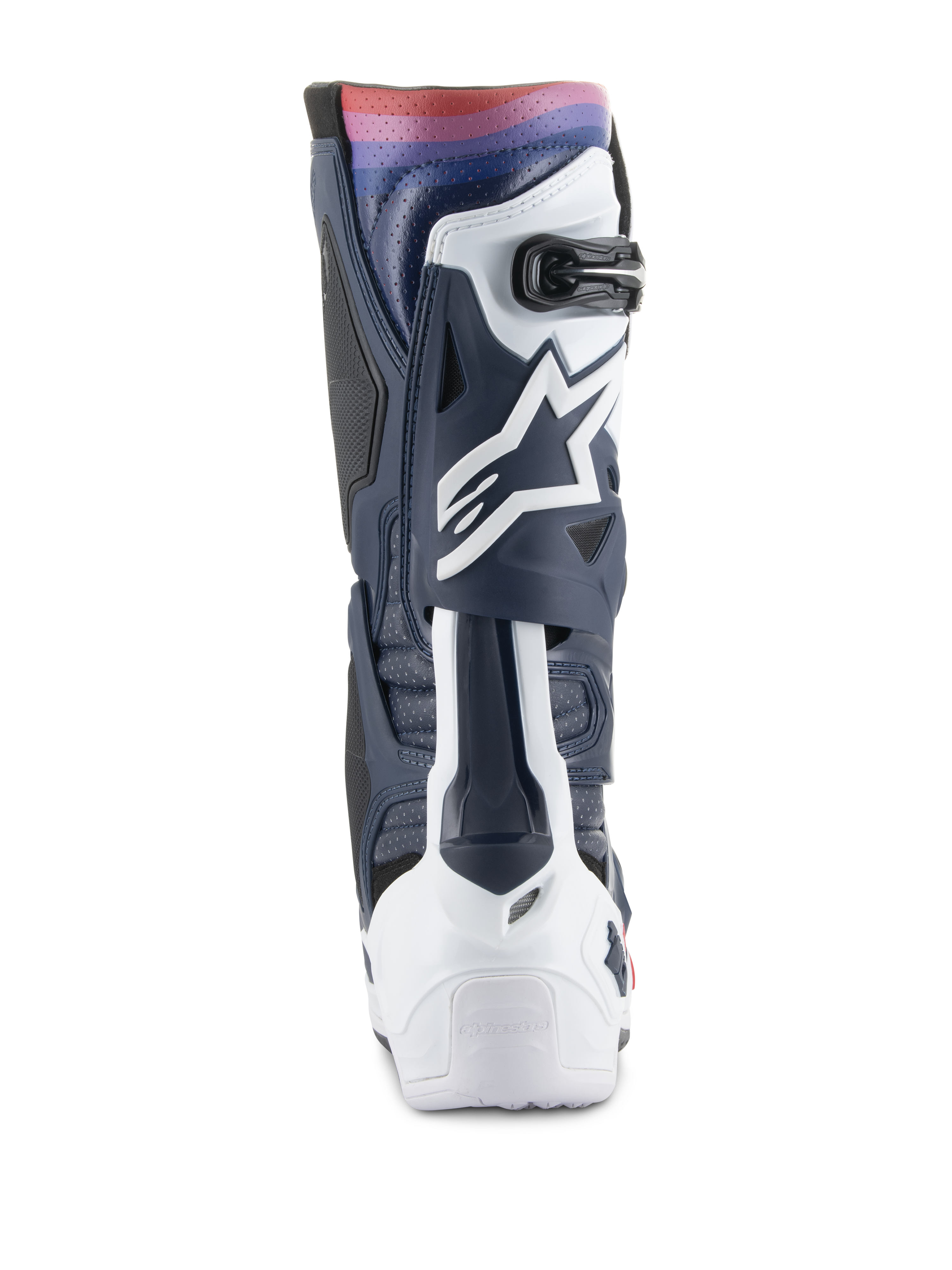 Alpinestars Tech 10 Supervented Stiefel, Motocross-Stiefel, Night Navy White Rainbow, Rückansicht mit der navy-weißen TPU-Struktur und einem lebendigen Regenbogen-Farbverlauf am oberen Rand, weißes Astars-Logo, belüftete Einsätze für Offroad-Performance.