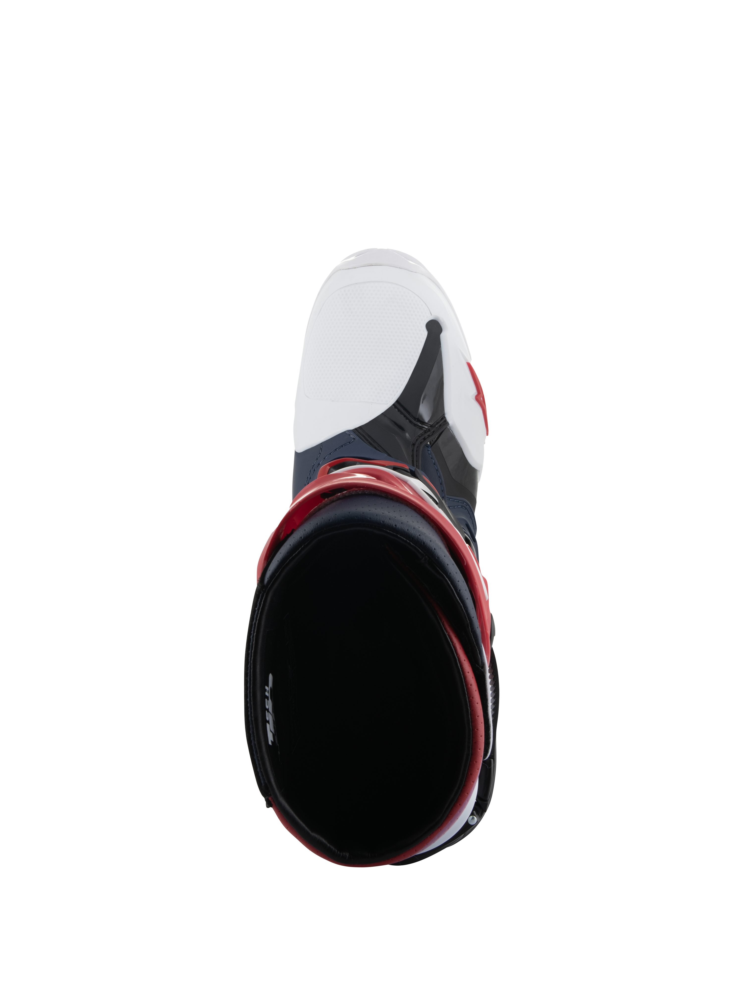 Alpinestars Tech 10 Supervented Stiefel, Draufsicht mit Blick in die Stiefelöffnung, Night Navy White Rainbow, mit weißer belüfteter Zehenkappe und roten Akzenten, Hochleistungs-Motocross-Schuhwerk für maximale Luftzirkulation.