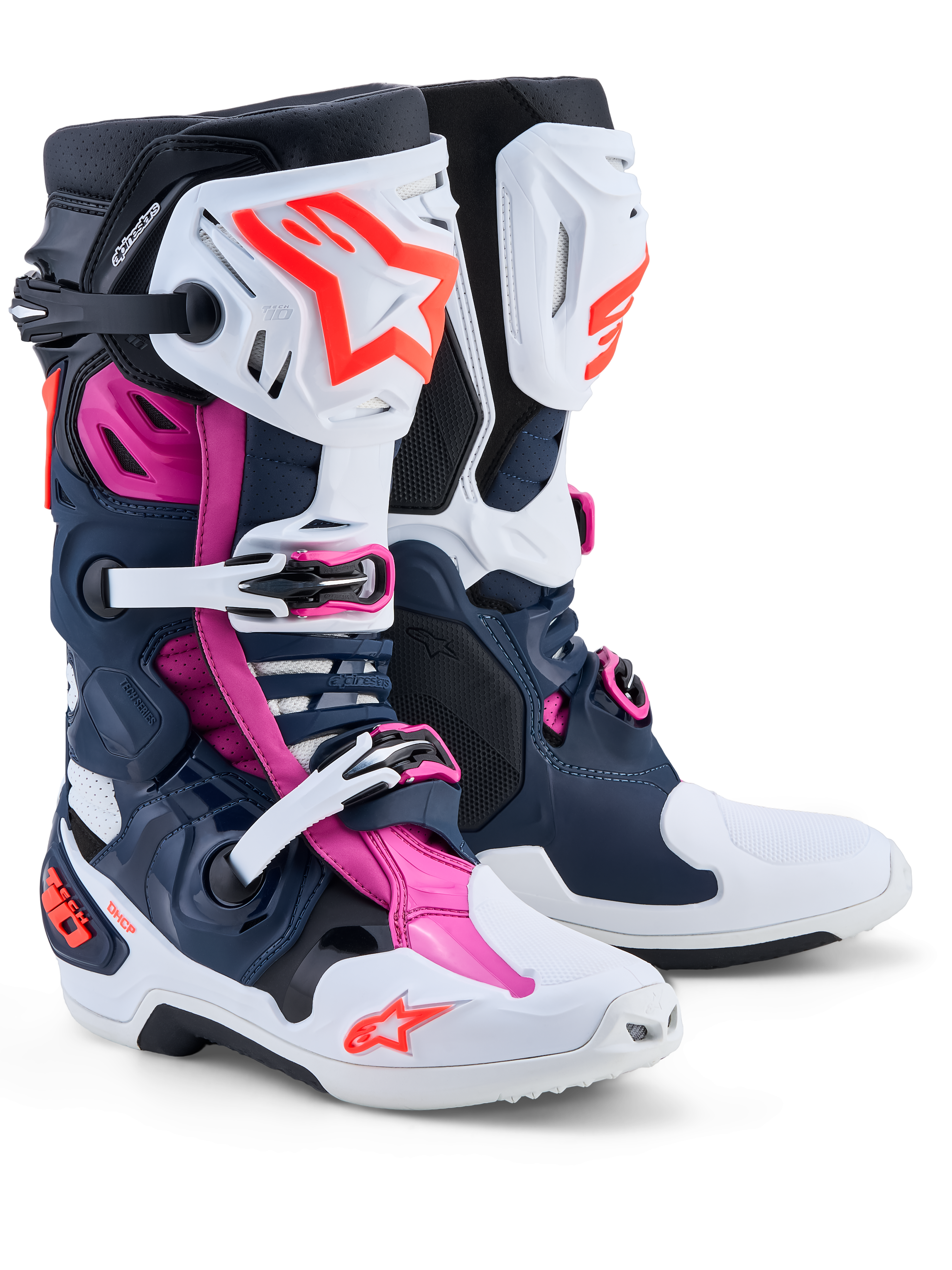Alpinestars Tech-10 Supervented Men's Motocross Boots, dark blue, white, and fuchsia with ventilated TPU shells.