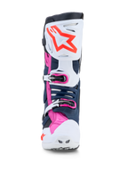 Alpinestars Tech-10 Supervented MX boots in white, dark blue, and fuchsia, with ventilated TPU panels for off-road racing.