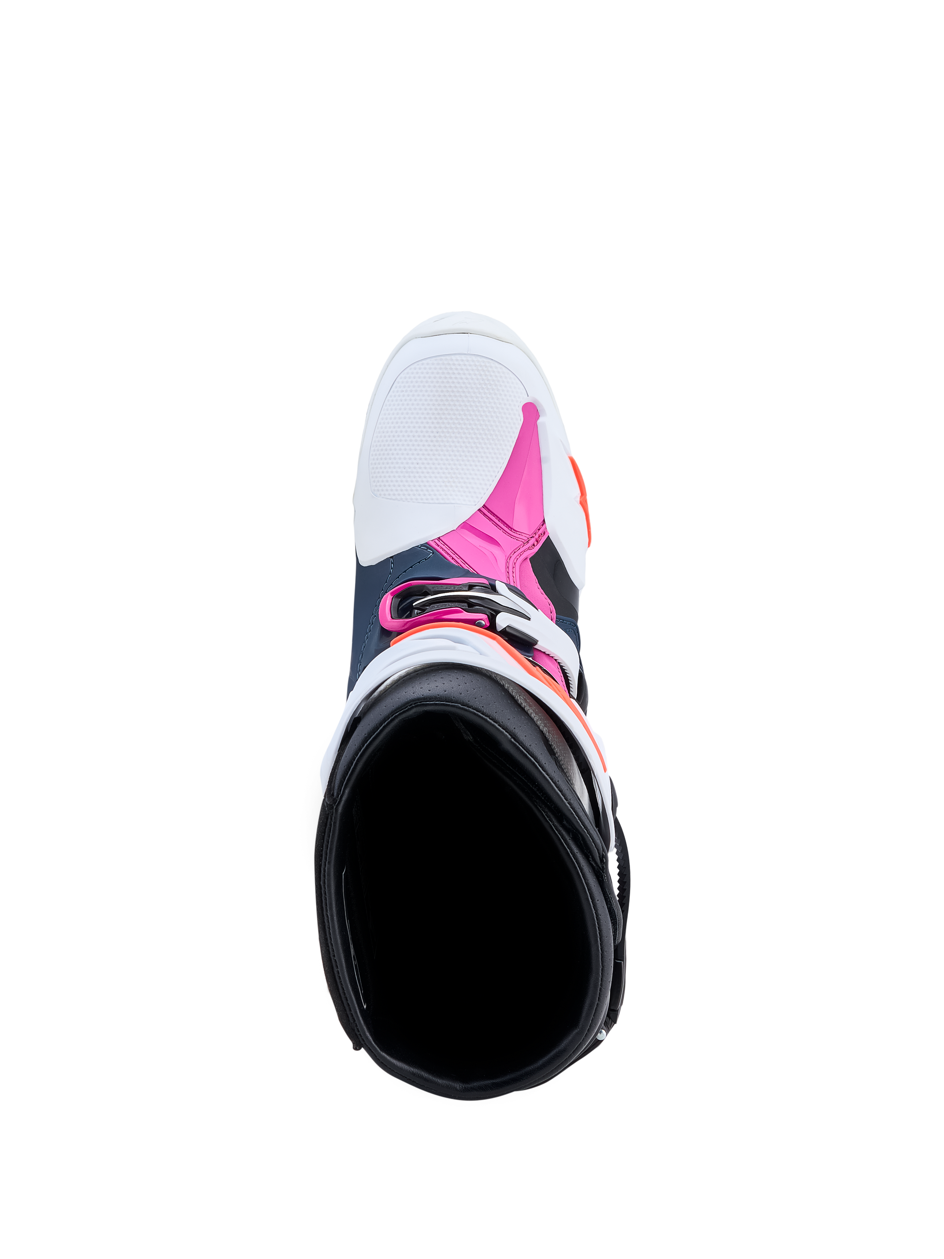Alpinestars Tech-10 Supervented Motocross Boots in Dark Blue, White, and Fuchsia, top-down view of interior.