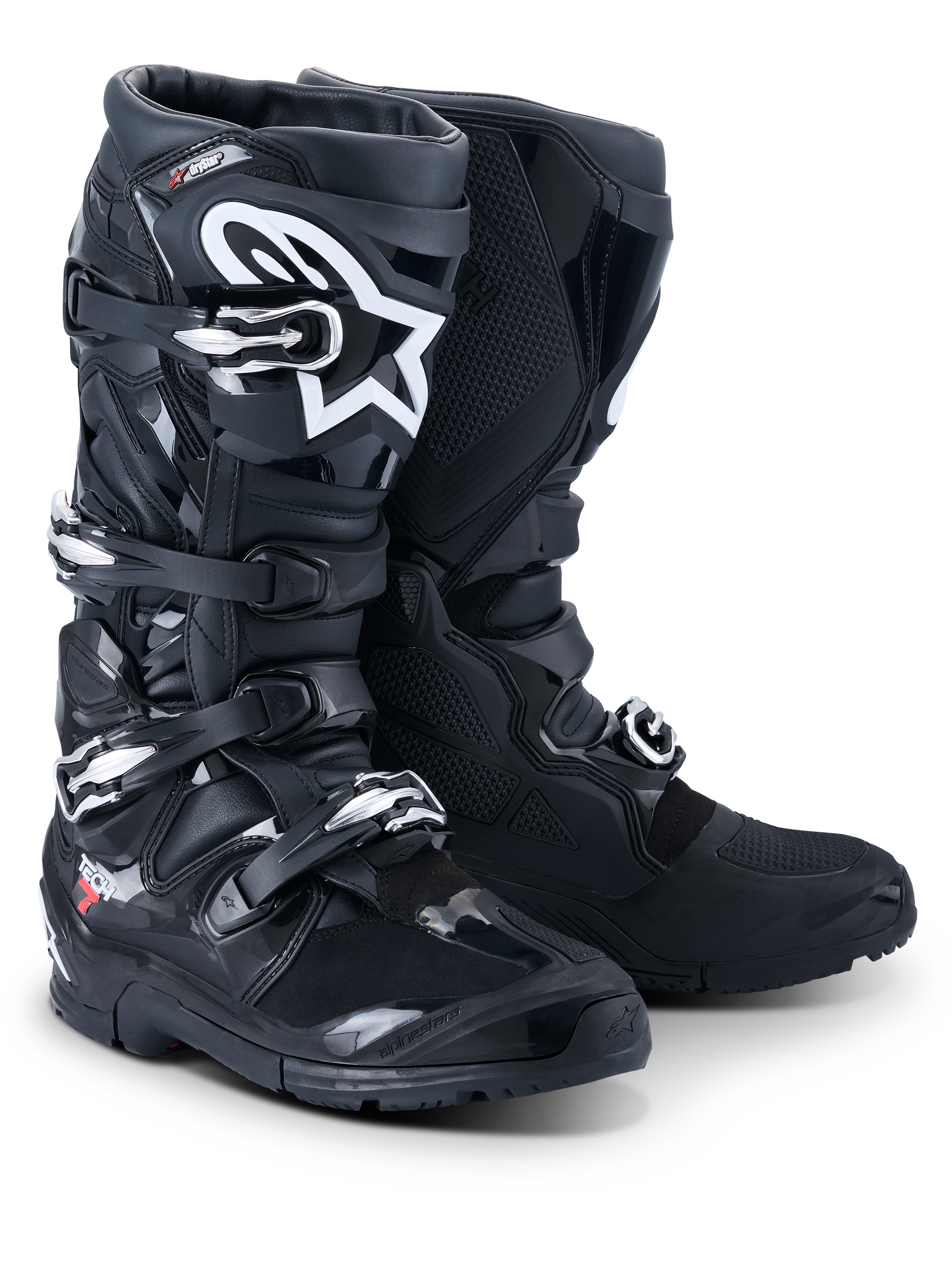 Alpinestars 2026 Tech 7 Enduro Drystar® Stiefel, professionelle Motocross- und Enduro-Stiefel, Schwarz, Vier-Schnallen-Verschlusssystem, weißes Astar-Logo am Schienbein, robuste TPU-Schutzpaneele und eine spezialisierte Sohle für Grip im Gelände.