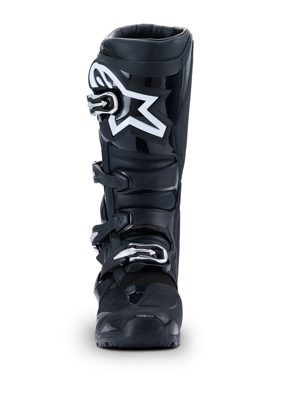 Alpinestars 2026 Tech 7 Enduro Drystar® Stiefel, Schwarze Motocross-Stiefel, Vorderansicht, mit einem strapazierfähigen Vier-Schnallen-Verschlusssystem und markantem weißem Stern-Logo auf dem Schienbein, entwickelt für Offroad- und Enduro-Performance