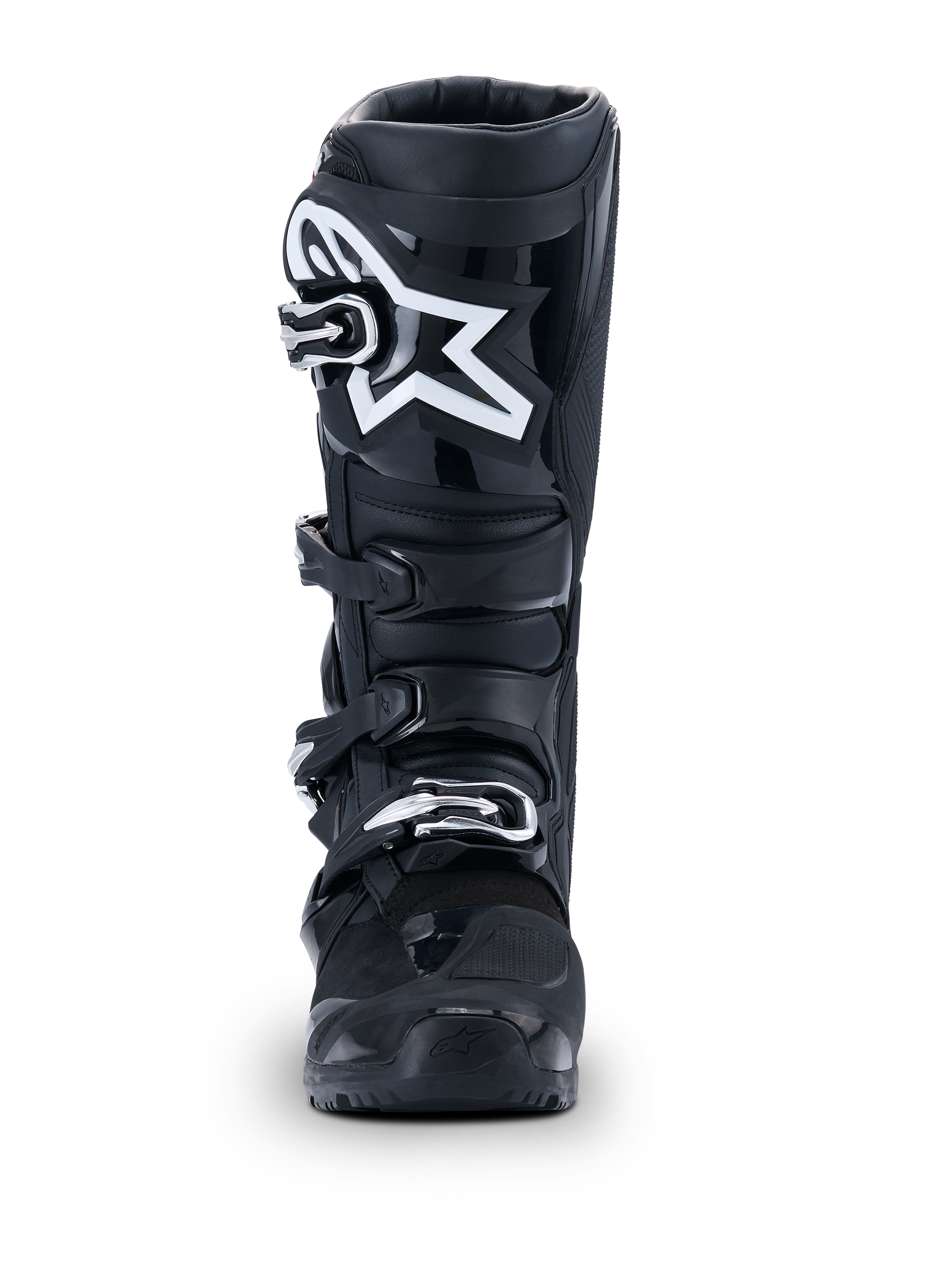 Alpinestars 2026 Tech 7 Enduro Drystar® Stiefel, Schwarze Motocross-Stiefel, Vorderansicht, mit einem strapazierfähigen Vier-Schnallen-Verschlusssystem und markantem weißem Stern-Logo auf dem Schienbein, entwickelt für Offroad- und Enduro-Performance