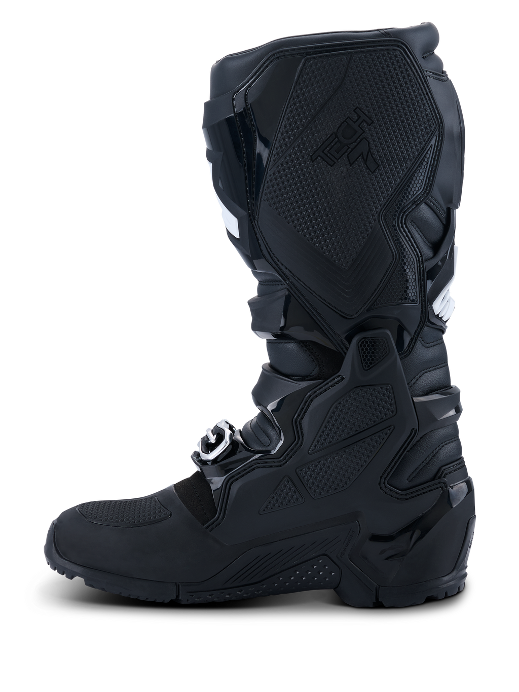 Alpinestars 2026 Tech 7 Enduro Drystar® Stiefel, Schwarz, mediale Seitenansicht mit umfassendem TPU-Schutz, Doppelgelenksystem und spezialisierten strukturierten Grip-Panels für optimale Kontrolle, wasserdichte Konstruktion für Offroad- und Enduro-Rennsport