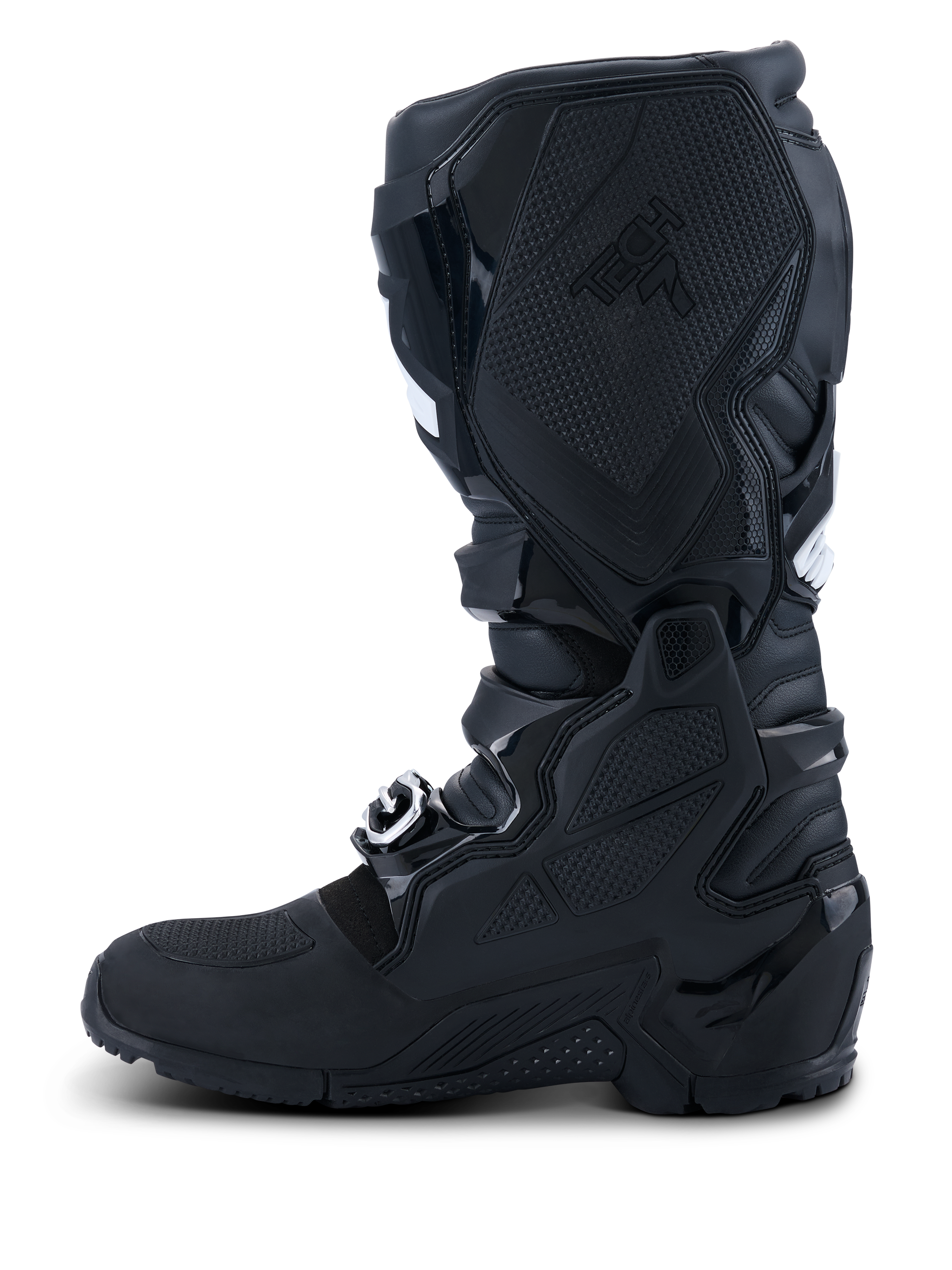Alpinestars 2026 Tech 7 Enduro Drystar® Stiefel, Schwarz, mediale Seitenansicht mit umfassendem TPU-Schutz, Doppelgelenksystem und spezialisierten strukturierten Grip-Panels für optimale Kontrolle, wasserdichte Konstruktion für Offroad- und Enduro-Rennsport