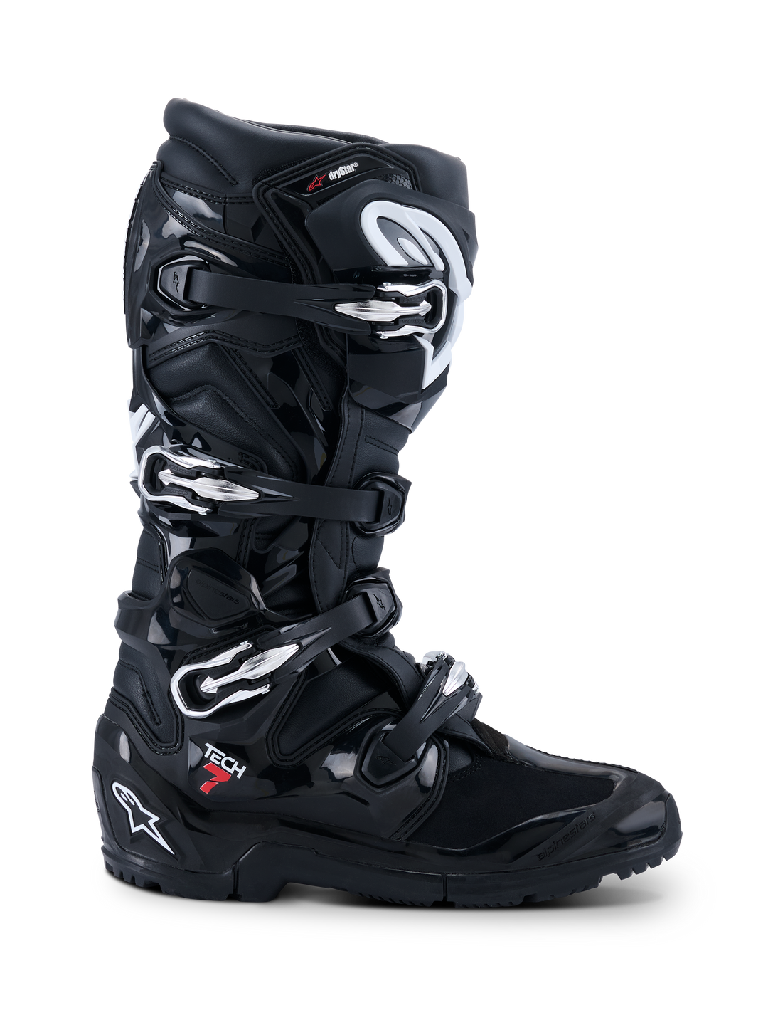 Alpinestars 2026 Tech 7 Enduro Drystar® Stiefel, schwarze Offroad-Motorradstiefel, Profilansicht mit vier silbernen Schnallenverschlüssen, robuster Dual-Compound-Enduro-Sohle und umfassendem TPU-Schutz mit matten und glänzenden schwarzen Oberflächen.
