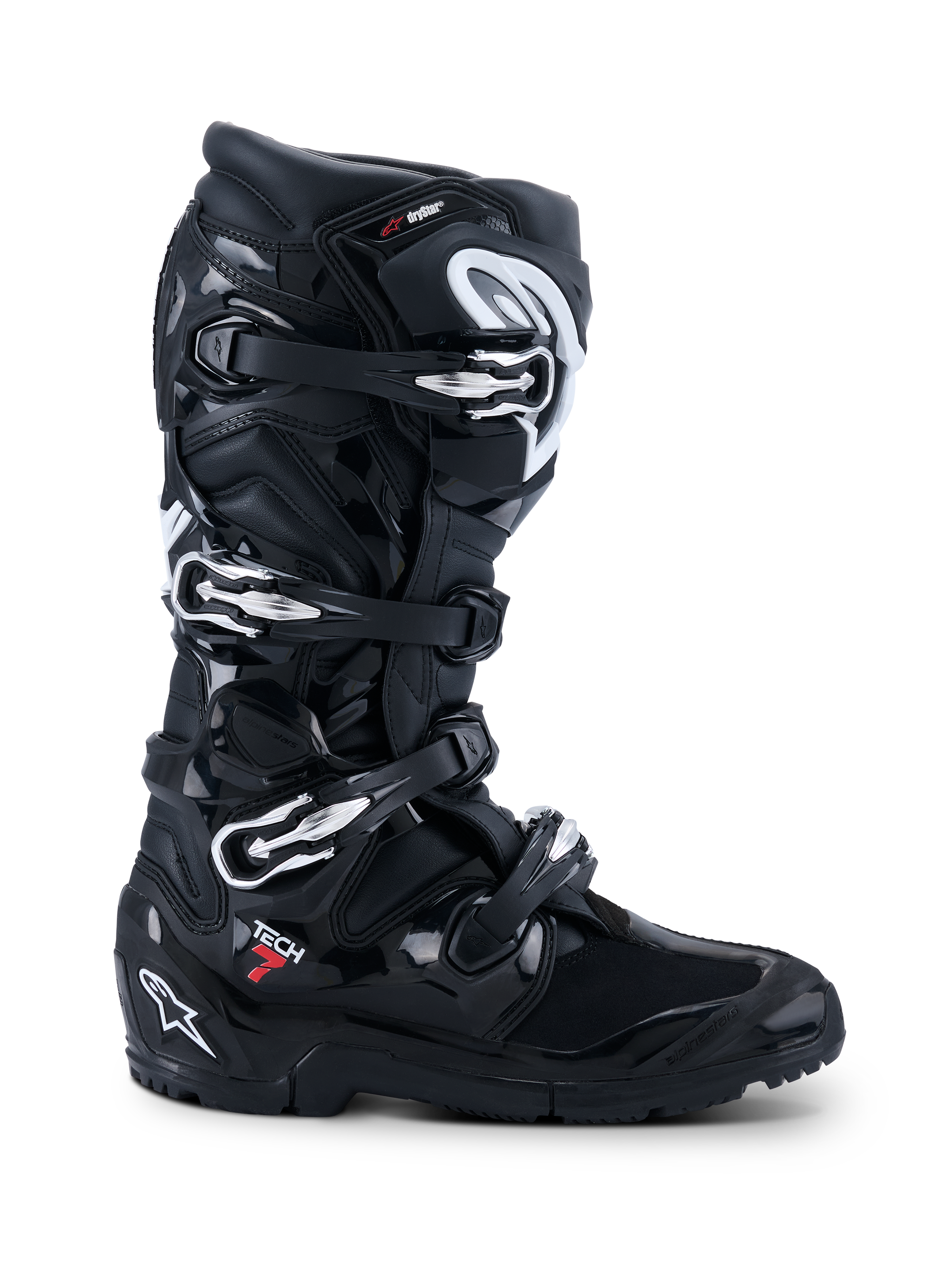 Alpinestars 2026 Tech 7 Enduro Drystar® Stiefel, schwarze Offroad-Motorradstiefel, Profilansicht mit vier silbernen Schnallenverschlüssen, robuster Dual-Compound-Enduro-Sohle und umfassendem TPU-Schutz mit matten und glänzenden schwarzen Oberflächen.