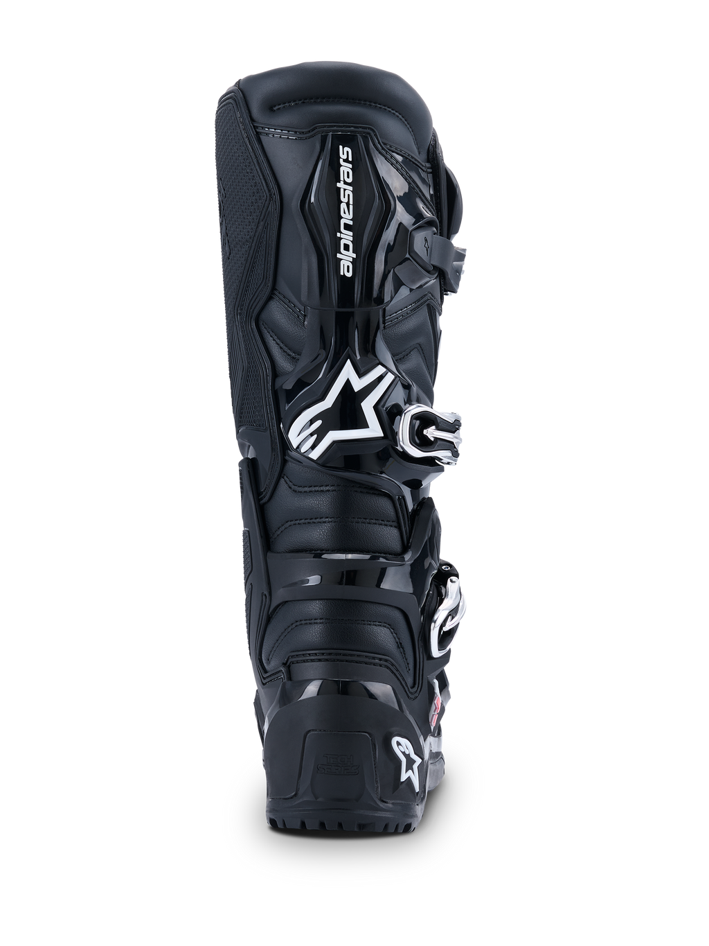 Alpinestars 2026 Tech 7 Enduro Drystar® Stiefel, Motocross-Stiefel, Schwarz, Rückansicht mit weißem Alpinestars-Logo an der Wade, strapazierfähige TPU-Schutzpaneele, robuste Konstruktion für Offroad- und Enduro-Fahrten