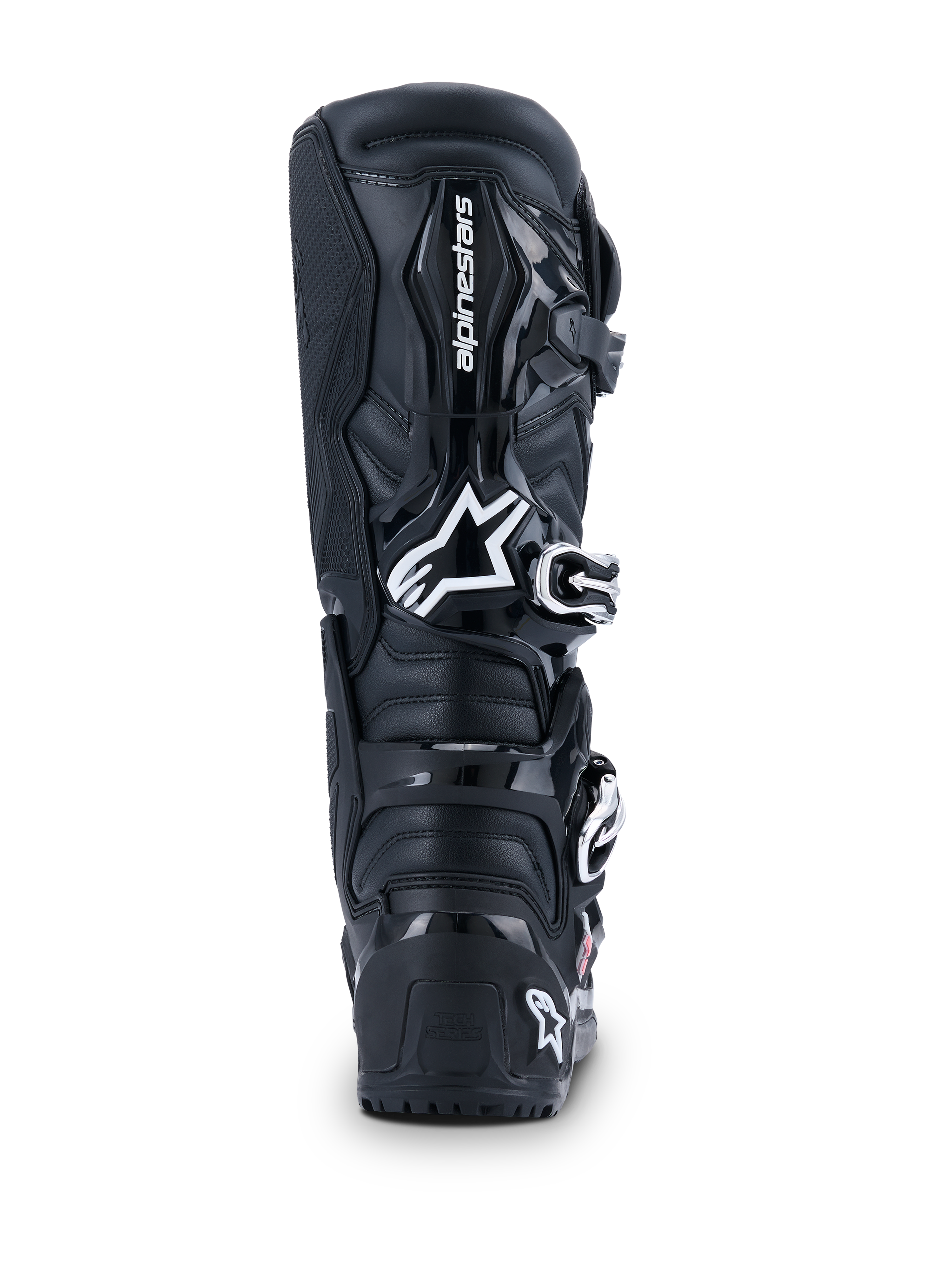 Alpinestars 2026 Tech 7 Enduro Drystar® Stiefel, Motocross-Stiefel, Schwarz, Rückansicht mit weißem Alpinestars-Logo an der Wade, strapazierfähige TPU-Schutzpaneele, robuste Konstruktion für Offroad- und Enduro-Fahrten