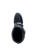 Alpinestars 2026 Tech 7 Enduro Drystar® Stiefel, Motocross-Stiefel, Schwarz, Draufsicht mit Blick in die Innenöffnung, zeigt den verstärkten Zehenbereich und den Schnallenverschluss, strapazierfähige Offroad-Schutzausrüstung