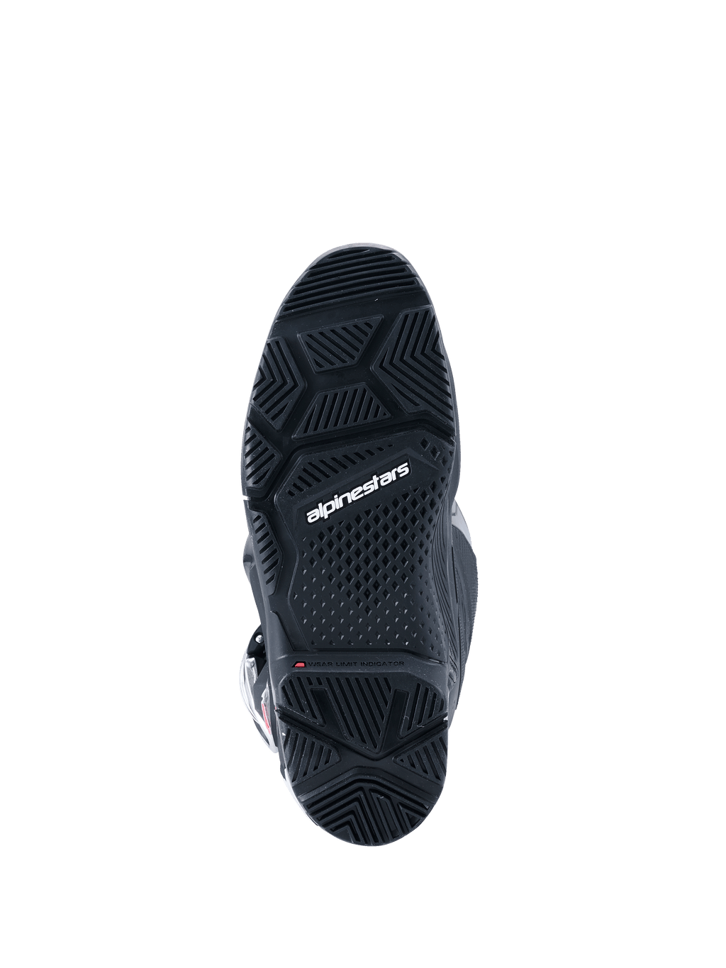 Alpinestars 2026 Tech 7 Enduro Drystar® Stiefel, Schwarz, Unteransicht der spezialisierten Dual-Compound-Enduro-Sohle mit geometrischen Profilmustern für Grip in jedem Gelände und weißem Alpinestars-Logo