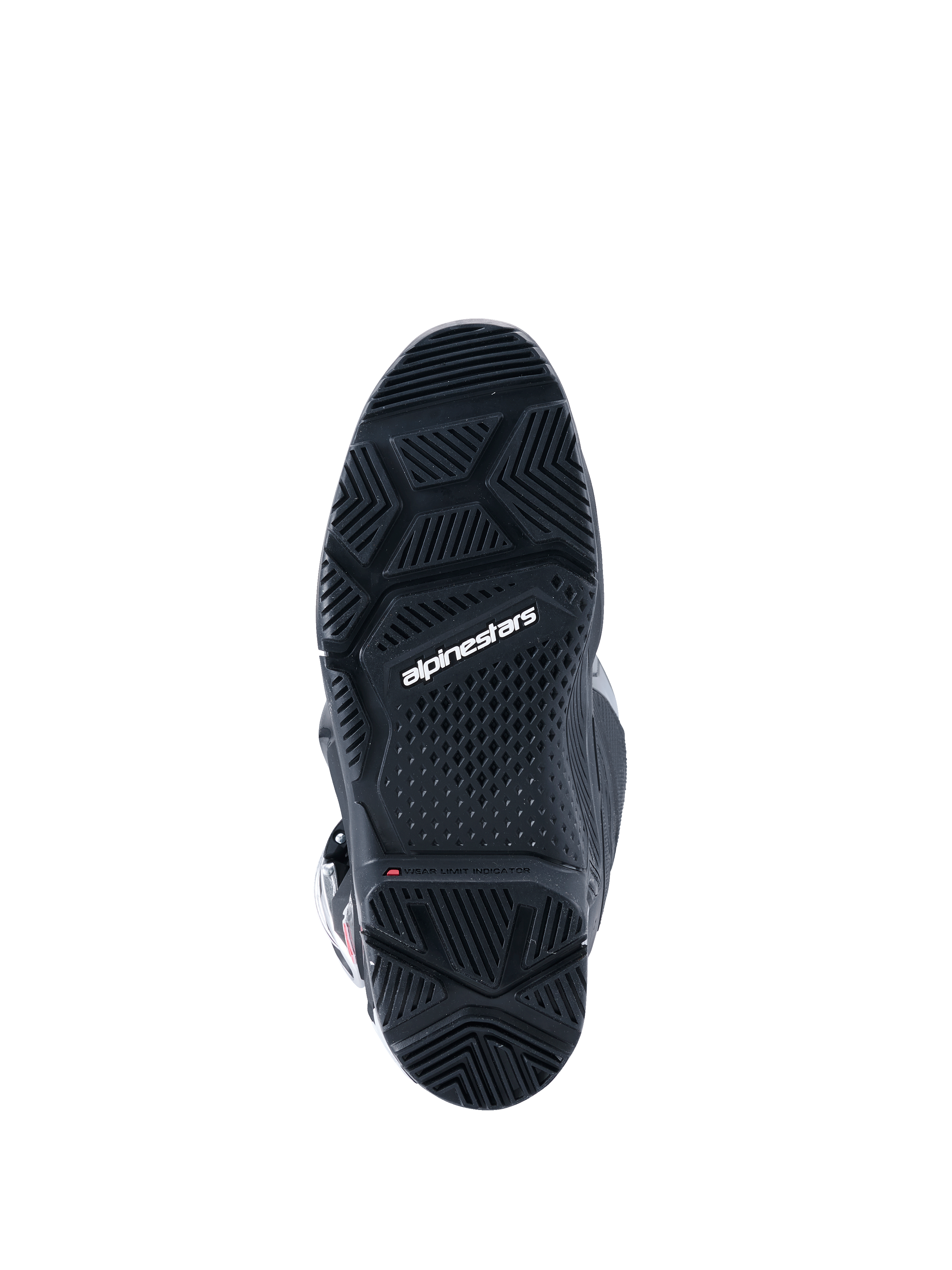 Alpinestars 2026 Tech 7 Enduro Drystar® Stiefel, Schwarz, Unteransicht der spezialisierten Dual-Compound-Enduro-Sohle mit geometrischen Profilmustern für Grip in jedem Gelände und weißem Alpinestars-Logo