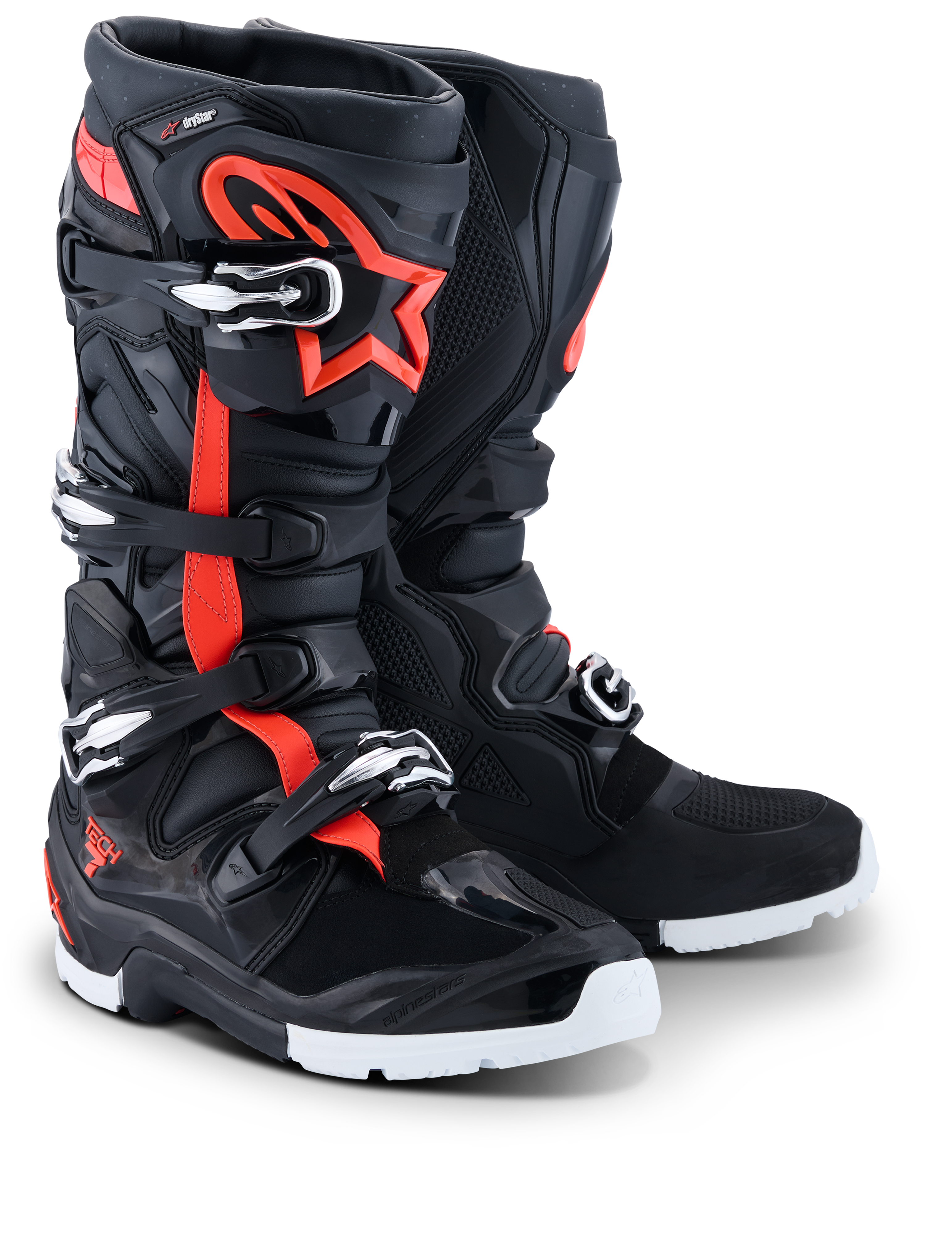Alpinestars 2026 Tech 7 Enduro Drystar® Boots, Enduro Motocross Boots, Black Red Fluo and White, featuring fluorescent red accents and star logo, multiple buckle closures, and durable white soles for off-road performance