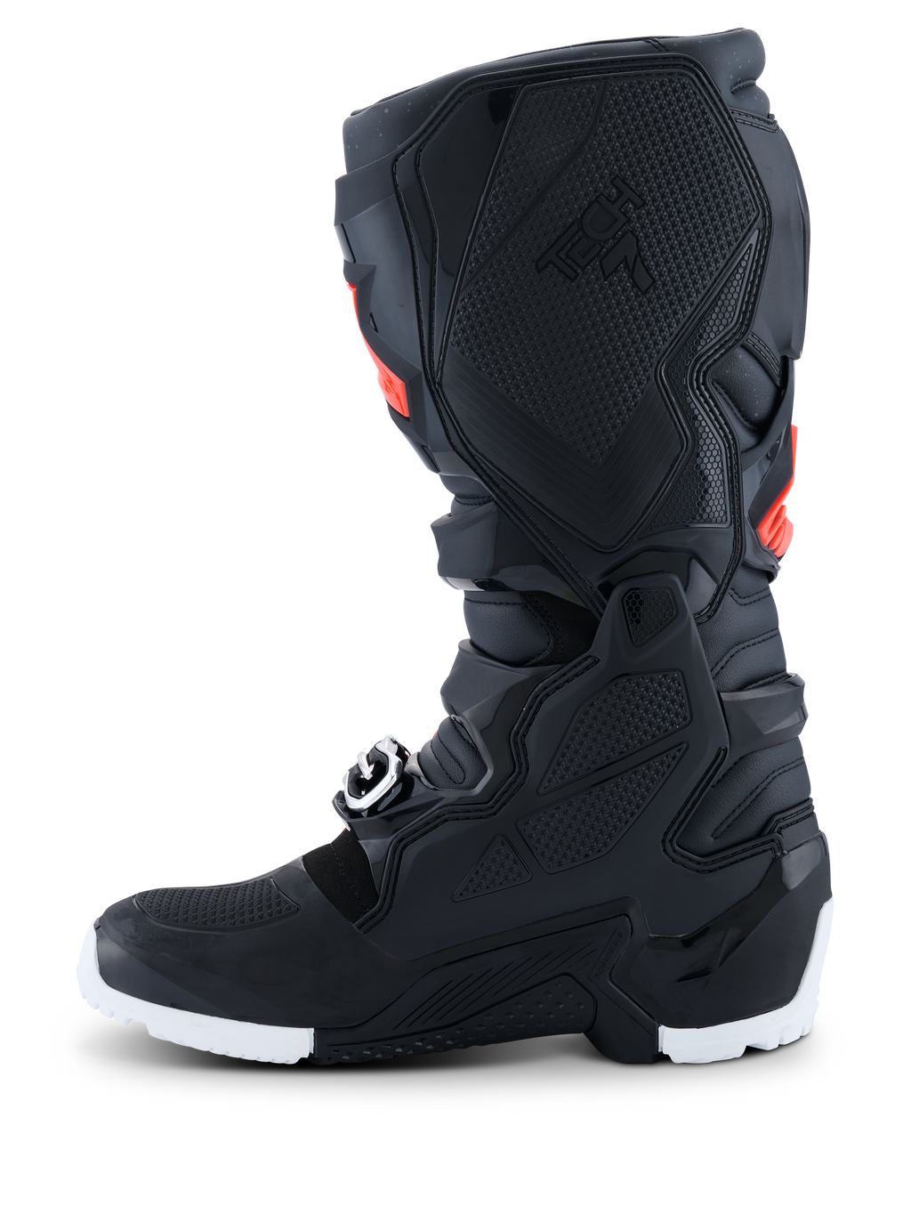 Alpinestars 2026 Tech 7 Enduro Drystar® Boots, Enduro Motocross Boots, Black with Red Fluo and White accents, side profile view highlighting the TPU honeycomb medial grip panel and white sole, durable waterproof construction for off-road performance