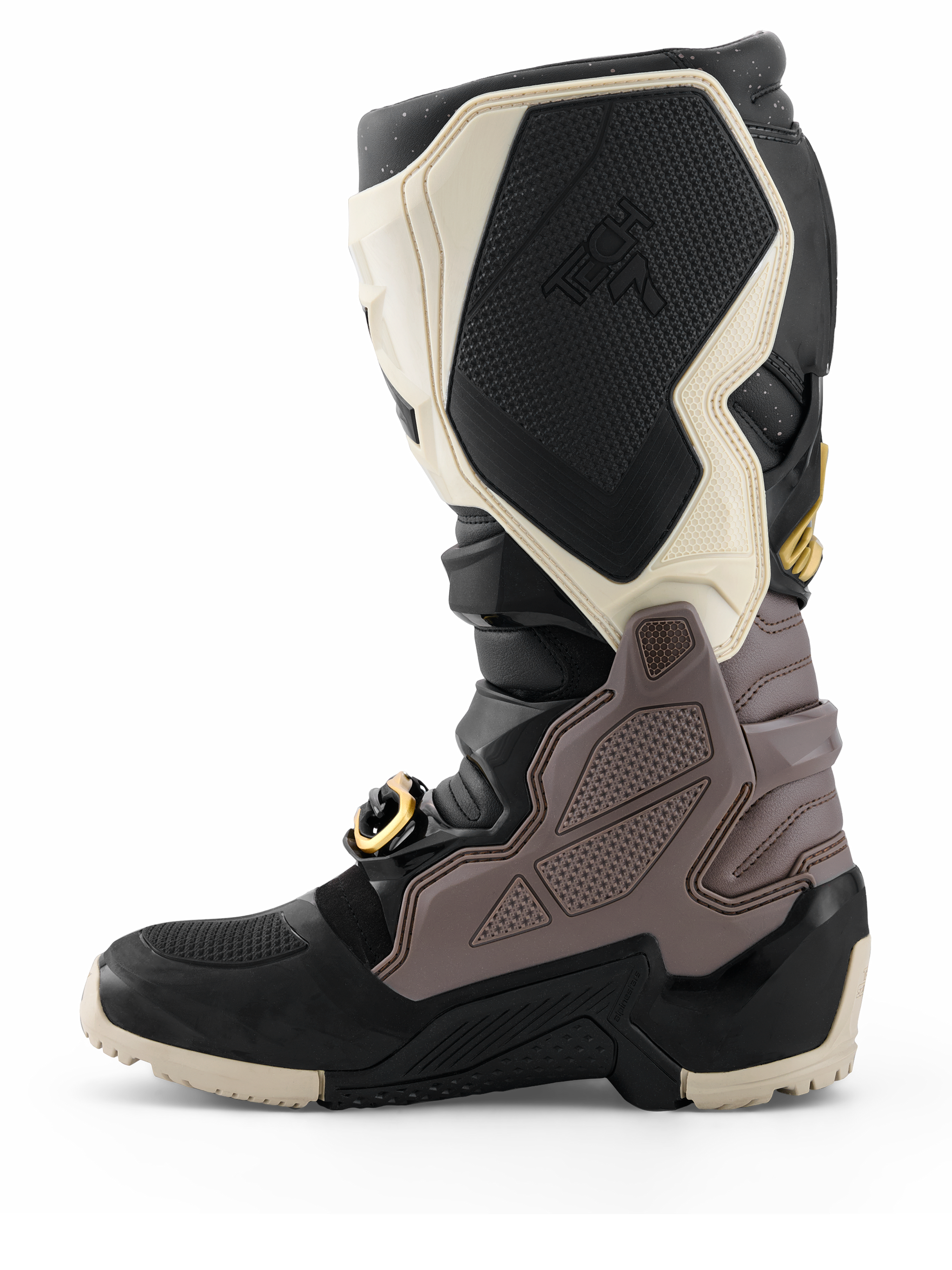 Alpinestars 2026 Tech 7 Enduro Drystar® Stiefel, Motocross-Stiefel, Schwarz, Dunkelgrau und Gold, Seitenansicht zur Hervorhebung der strapazierfähigen TPU-Panels, der goldfarbenen Schnalle und der robusten Enduro-Sohle für den Offroad-Einsatz.