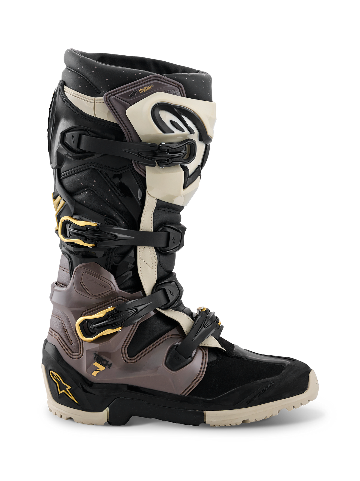 Alpinestars 2026 Tech 7 Enduro Drystar® Stiefel, Motocross- und Enduro-Stiefel, Schwarz, Dunkelgrau und Gold, mit einem Mehrfach-Schnallenverschlusssystem mit goldenen Akzenten, robuster Dual-Compound-Sohle und strapazierfähigen TPU-Schutzpaneelen, professionelles Offroad-Schuhwerk