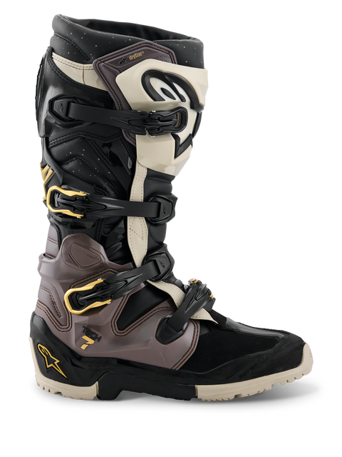 Alpinestars Tech 7 Enduro Drystar Boots, Motorcycle Enduro Boots, Black with Beige and Brown accents, Multiple Adjustable Buckles, Waterproof Drystar Technology, Thick Beige Sole with Traction, Durable Construction for Off-Road Riding