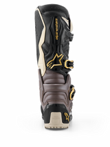 Alpinestars 2026 Tech 7 Enduro Drystar® Stiefel, Schwarz, Dunkelgrau und Gold, Rückansicht mit schützender TPU-Schale, goldenen Schnallen und Alpinestars-Logo, leistungsstarkes Enduro-Schuhwerk