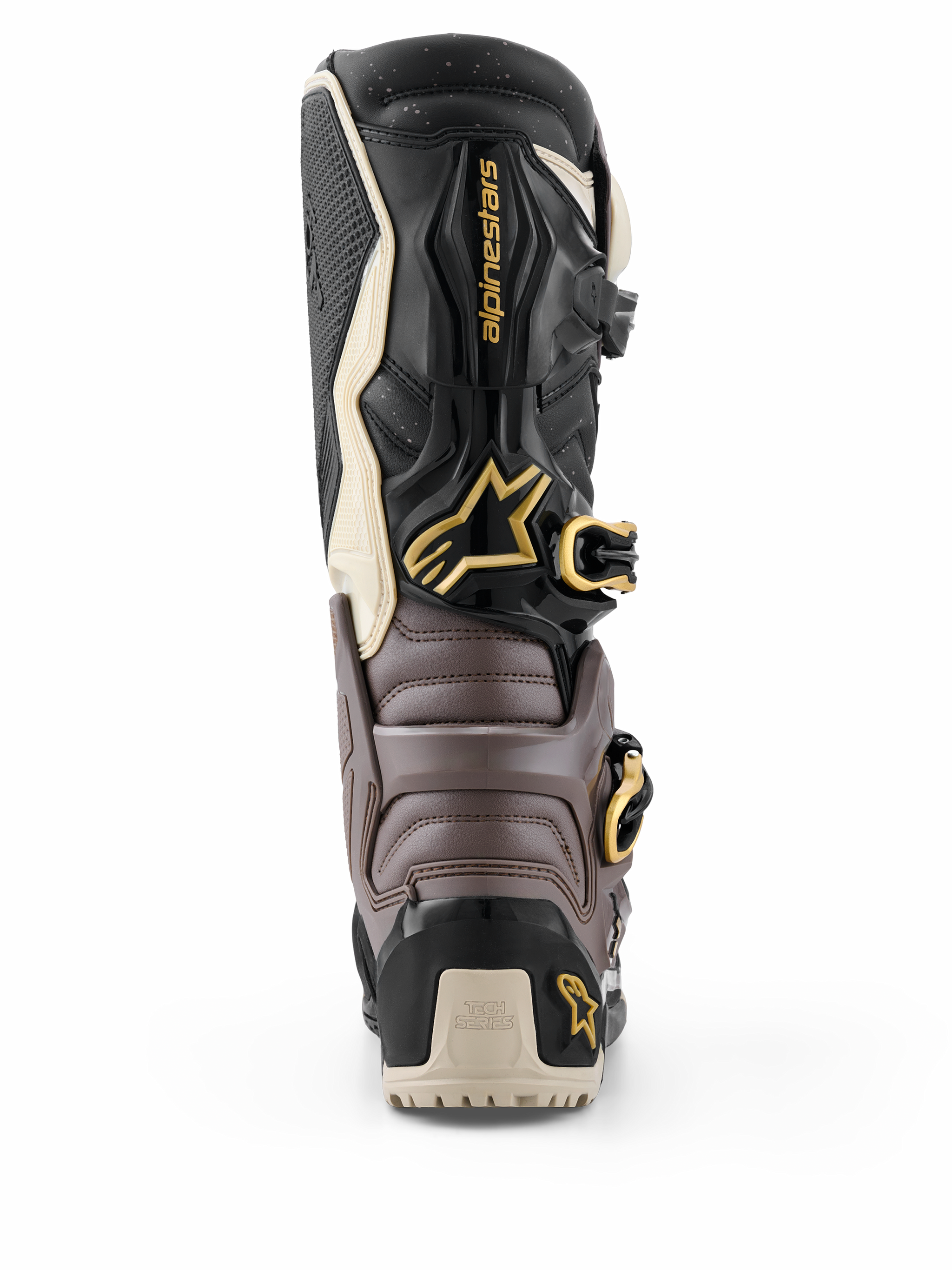 Alpinestars 2026 Tech 7 Enduro Drystar® Stiefel, Schwarz, Dunkelgrau und Gold, Rückansicht mit schützender TPU-Schale, goldenen Schnallen und Alpinestars-Logo, leistungsstarkes Enduro-Schuhwerk
