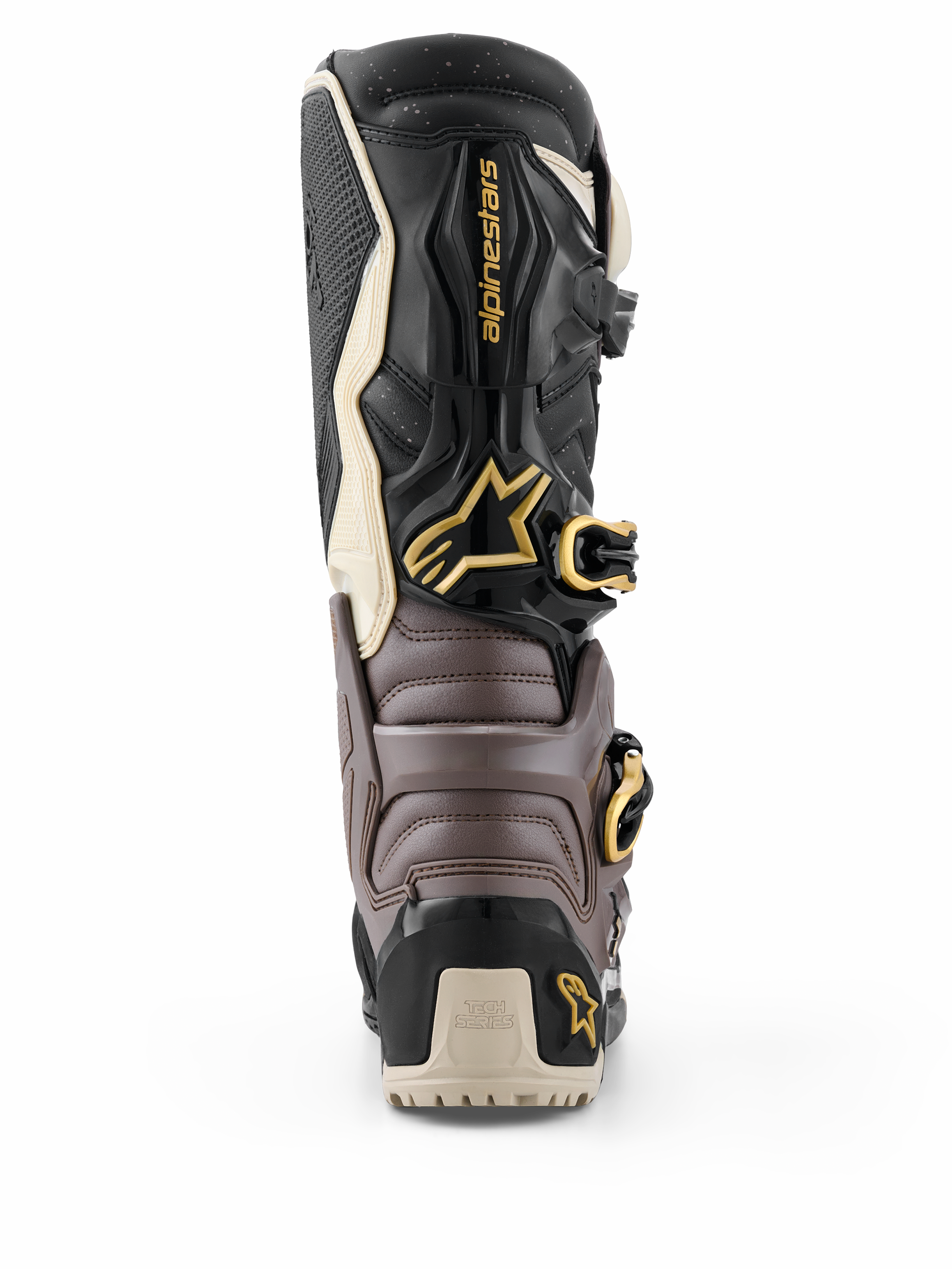 Alpinestars 2026 Tech 7 Enduro Drystar® Boots, Black Dark Gray and Gold, rear view showing protective TPU shell, gold buckles, and Alpinestars logo, high-performance enduro footwear